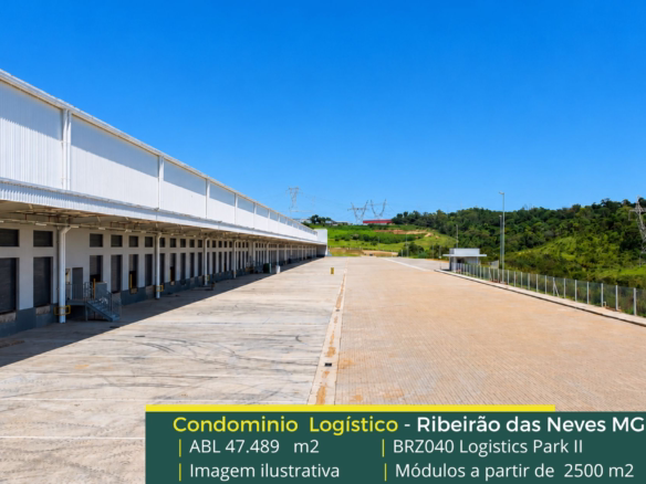 Locação de Galpão em Ribeirão das Neves MG - BRZ 040 II. Condomínio logístico com segurança 24 horas, galpão com docas, altura de 12 metros