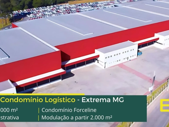 Galpão em Extrema MG - Condomínio Forceline. Aluguel de galpões em Extrema com docas, piso industrial. Portaria e segurança 24 horas