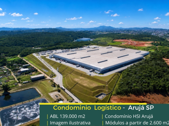 Aluguel de Galpão em Arujá SP - HSI Log Dutra. Galpões em condomínio logístico com docas, altura 12 metros, piso industrial e portaria.