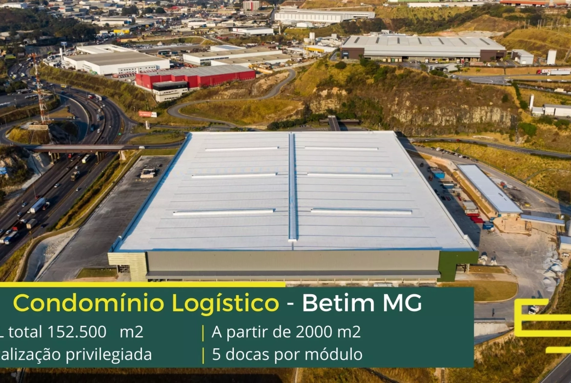 Locação de galpão em Betim MG.  Condomínio logístico Parque Torino.  Galpão para alugar em Betim a partir de 1700 m2 com docas, portaria 24 hs