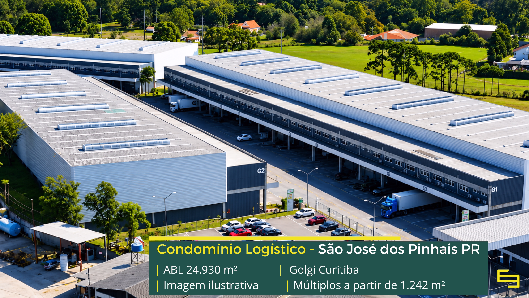 Golgi Curitiba com galpão em São José dos Pinhais, padrão AAA, módulos de até 1.242 m², pé-direito de 12 m, docas automatizadas e sistema J4.