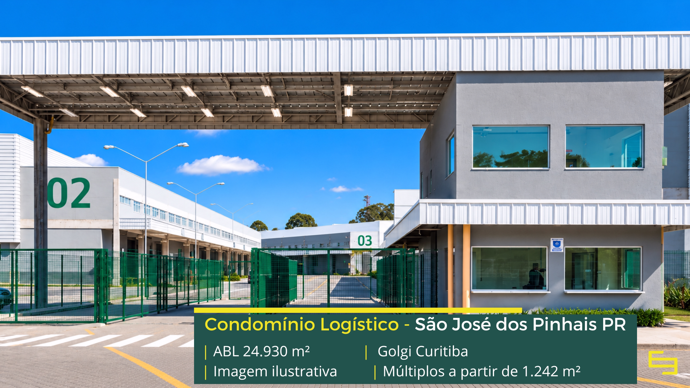 Golgi Curitiba com galpão em São José dos Pinhais, padrão AAA, módulos de até 1.242 m², pé-direito de 12 m, docas automatizadas e sistema J4.