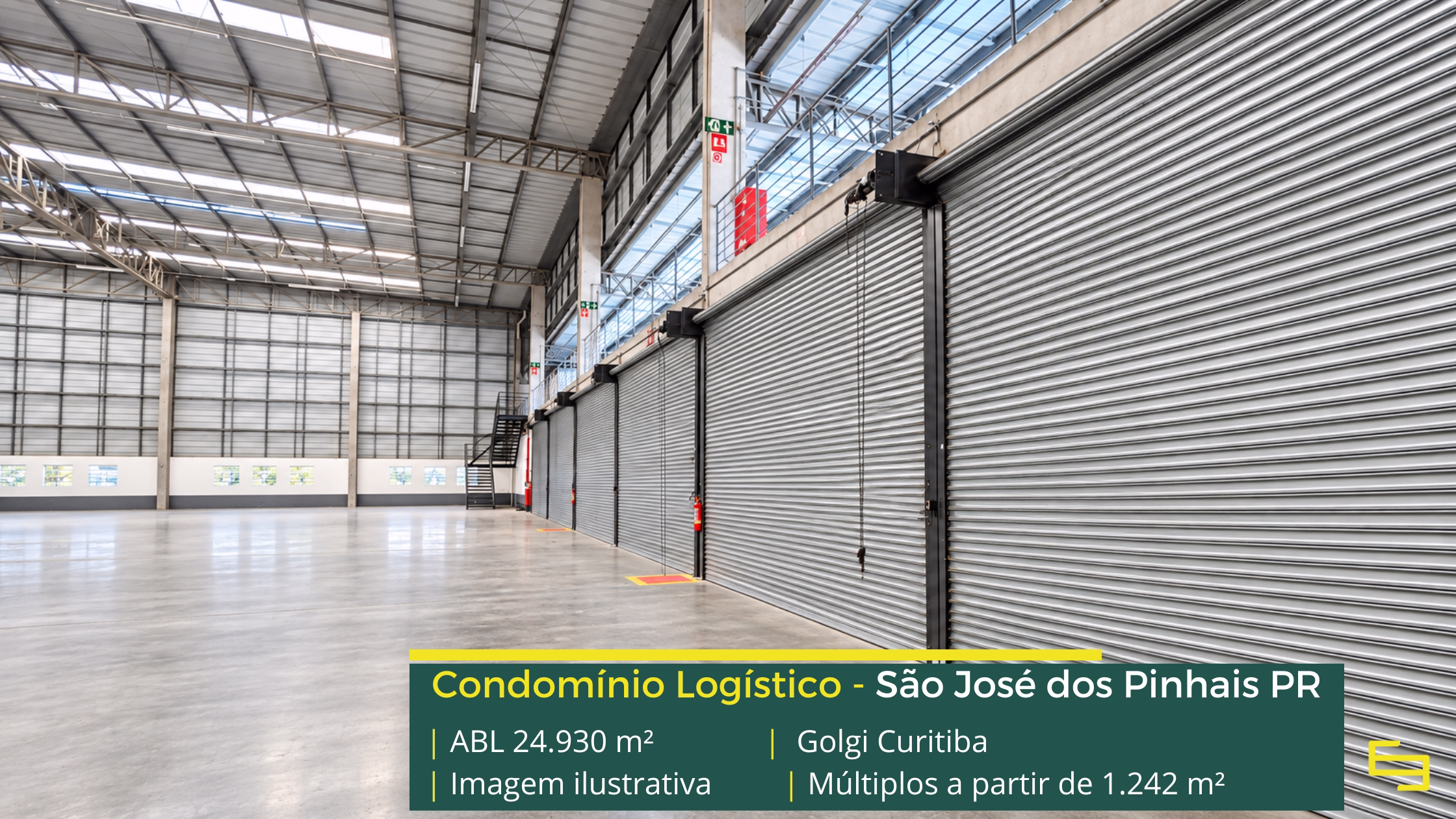 Golgi Curitiba com galpão em São José dos Pinhais, padrão AAA, módulos de até 1.242 m², pé-direito de 12 m, docas automatizadas e sistema J4.