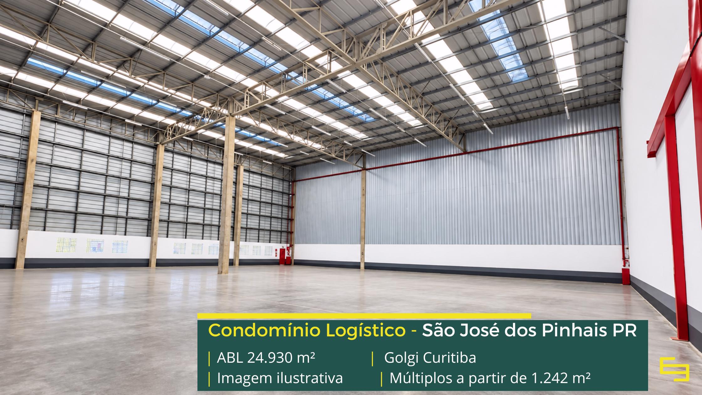 Golgi Curitiba com galpão em São José dos Pinhais, padrão AAA, módulos de até 1.242 m², pé-direito de 12 m, docas automatizadas e sistema J4.