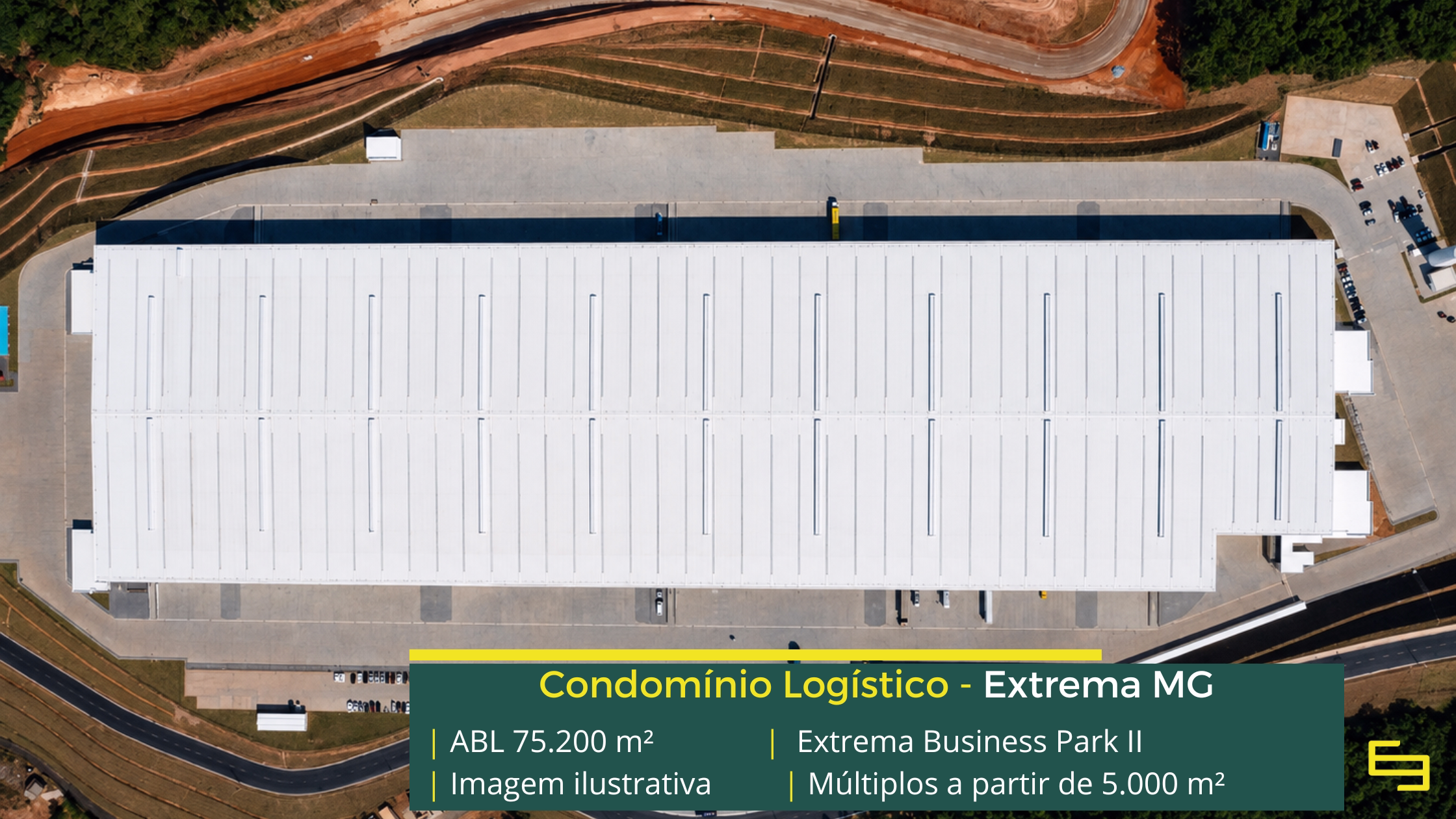 Galpão Extrema Business Park Bloco 2 em Extrema MG, padrão AAA, módulos a partir de 5.000 m², piso de 6 t/m² e certificação LEED Platinum.