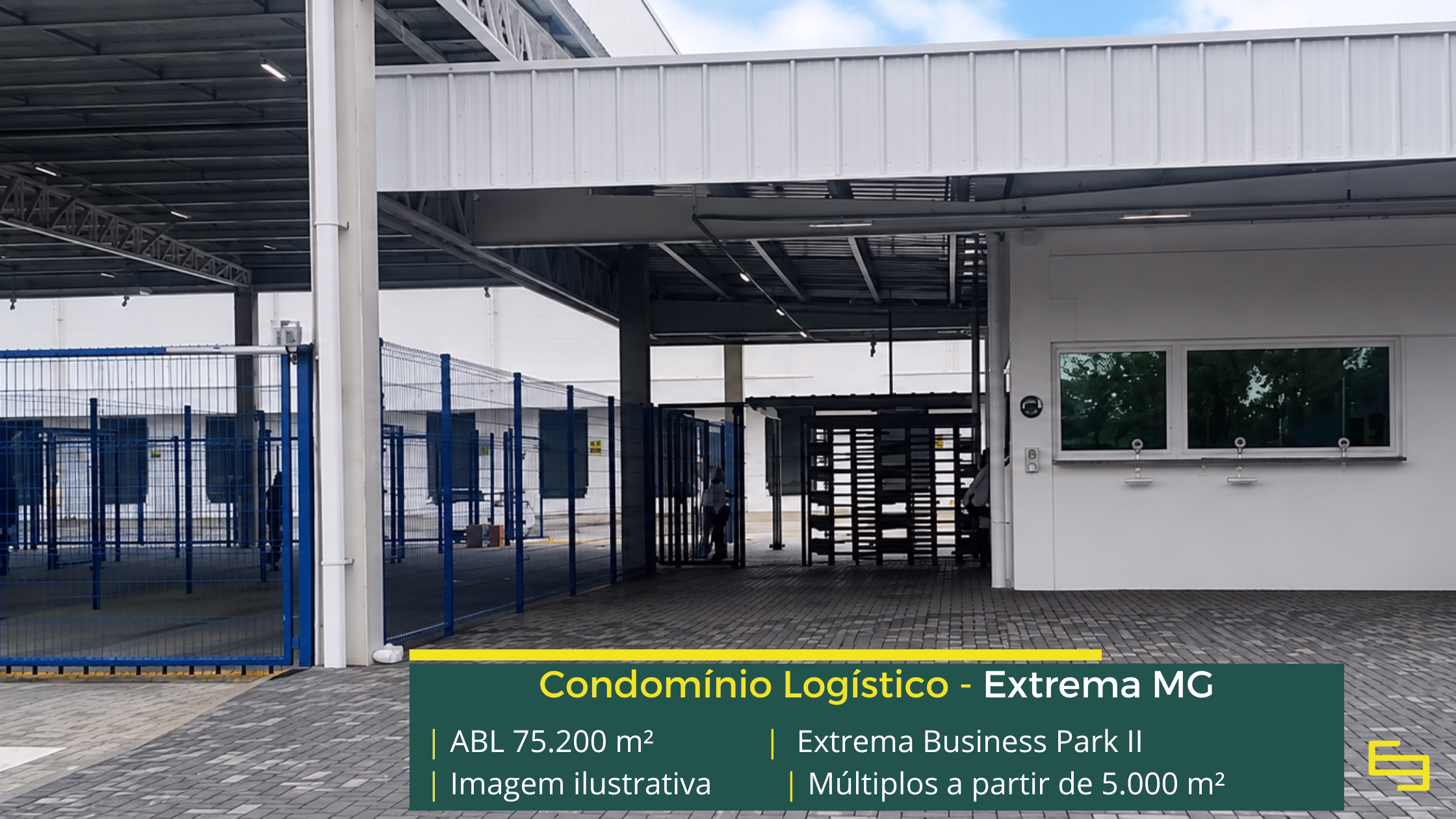 Galpão Extrema Business Park Bloco 2 em Extrema MG, padrão AAA, módulos a partir de 5.000 m², piso de 6 t/m² e certificação LEED Platinum.