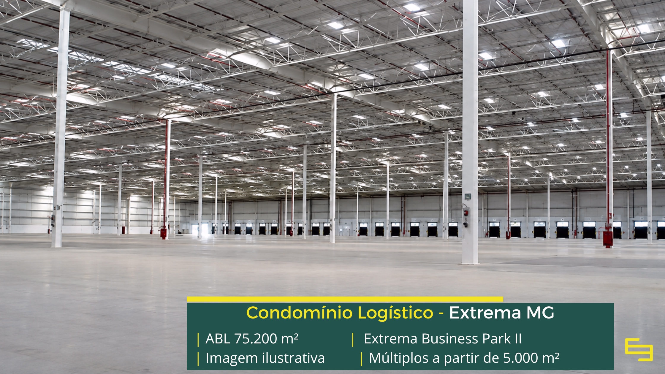 Galpão Extrema Business Park Bloco 2 em Extrema MG, padrão AAA, módulos a partir de 5.000 m², piso de 6 t/m² e certificação LEED Platinum.