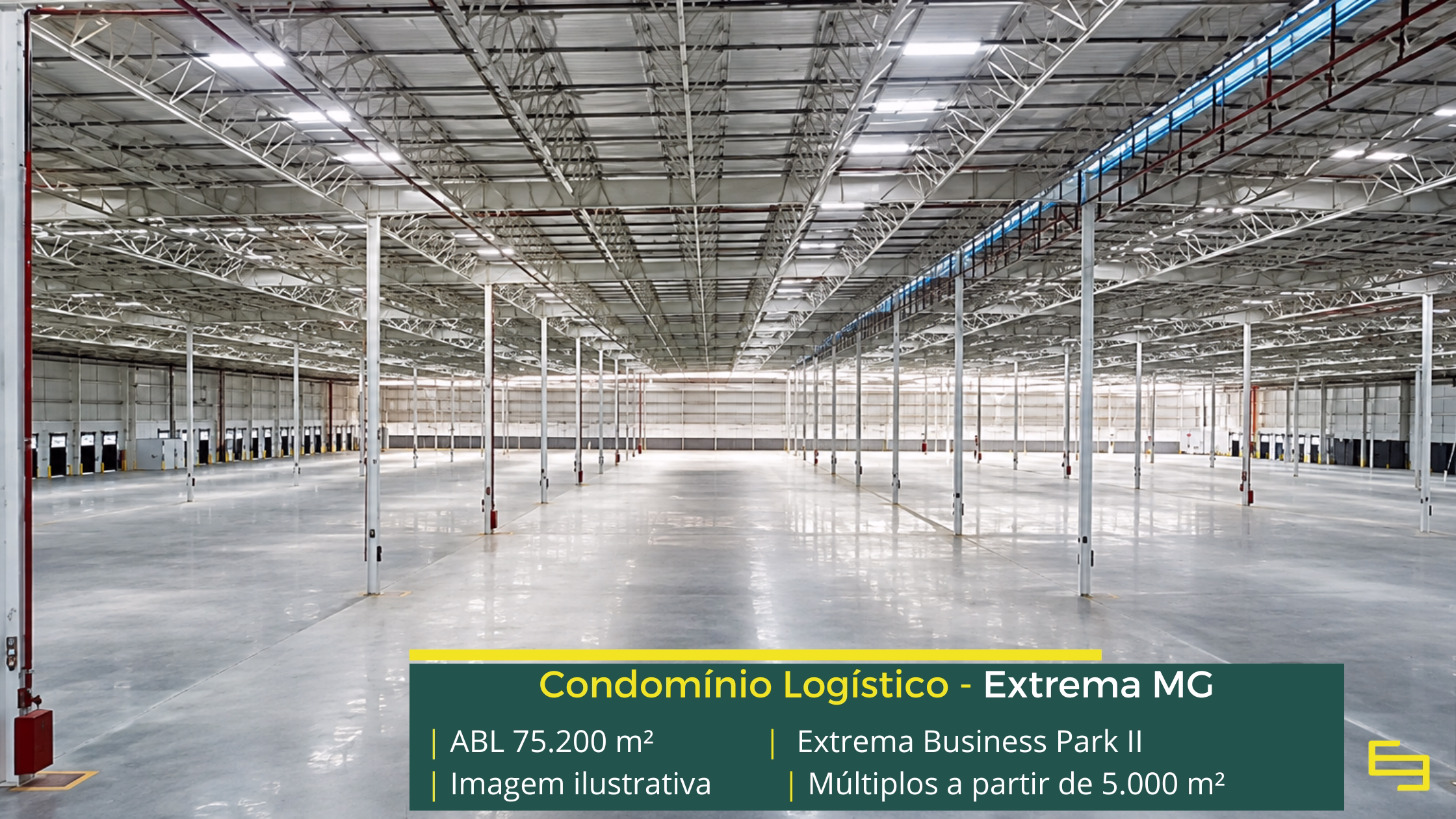 Galpão Extrema Business Park Bloco 2 em Extrema MG, padrão AAA, módulos a partir de 5.000 m², piso de 6 t/m² e certificação LEED Platinum.