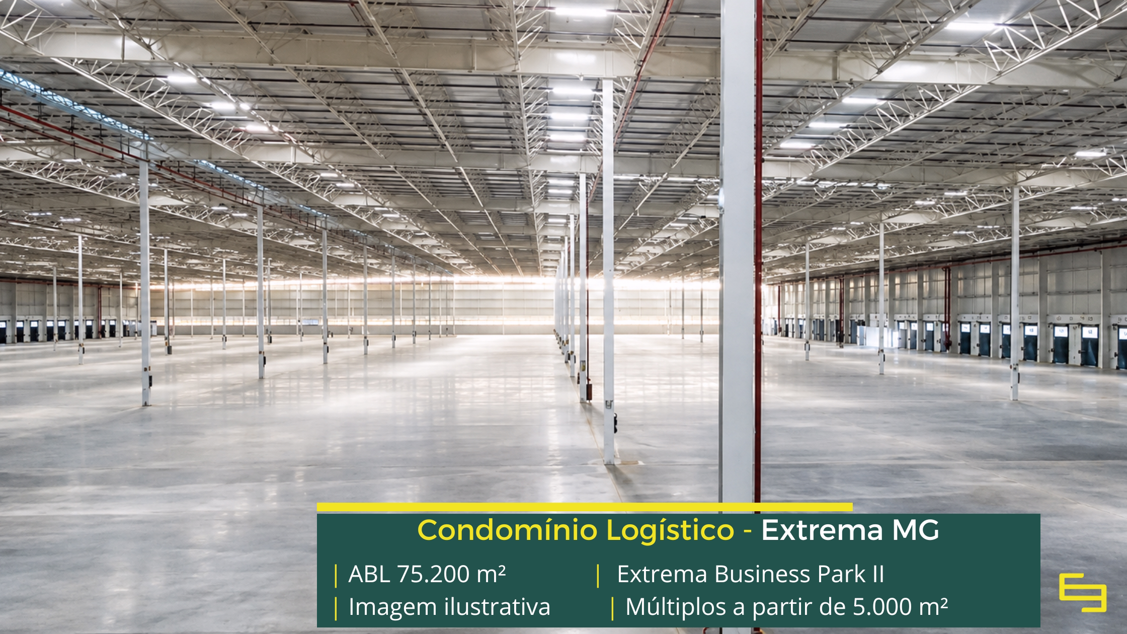 Galpão Extrema Business Park Bloco 2 em Extrema MG, padrão AAA, módulos a partir de 5.000 m², piso de 6 t/m² e certificação LEED Platinum.