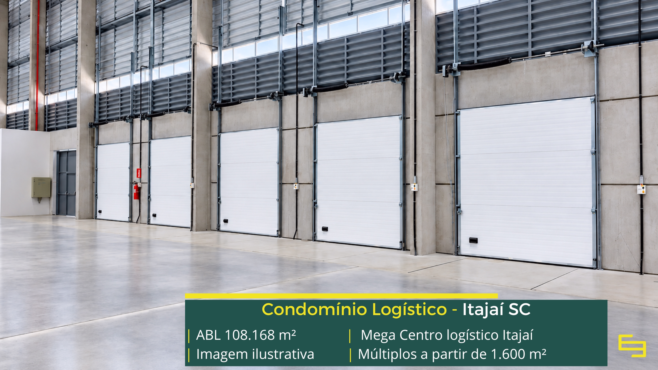 Mega Centro Logístico Itajaí: centro logístico em Itajaí SC com módulos a partir de 1.600 m², 4 docas por módulo e piso para 5 t/m².