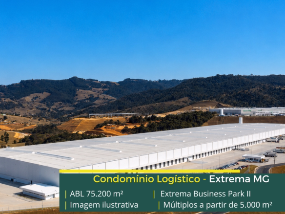 Galpão Extrema Business Park Bloco 2 em Extrema MG, padrão AAA, módulos a partir de 5.000 m², piso de 6 t/m² e certificação LEED Platinum.