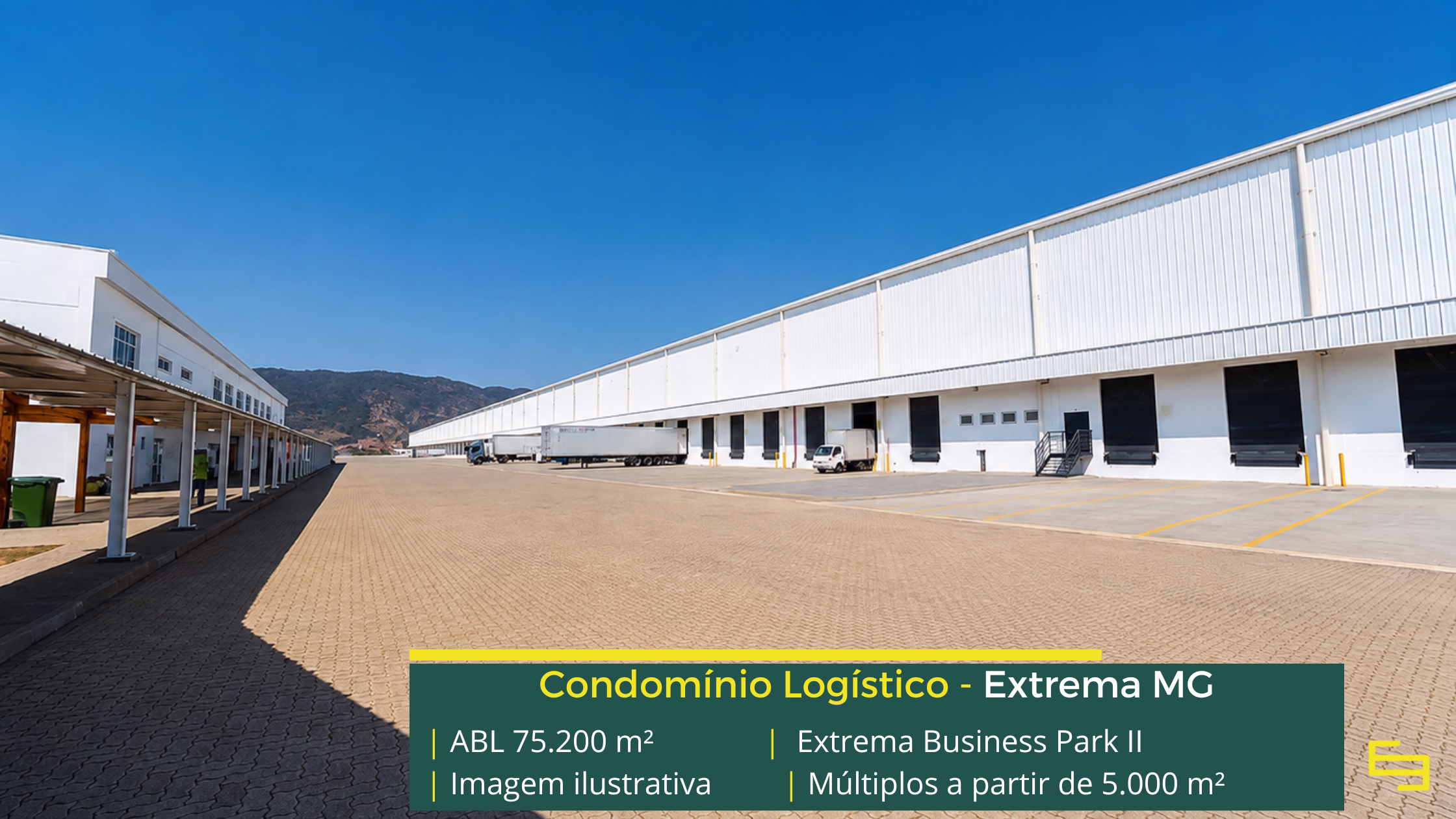 Galpão Extrema Business Park Bloco 2 em Extrema MG, padrão AAA, módulos a partir de 5.000 m², piso de 6 t/m² e certificação LEED Platinum.