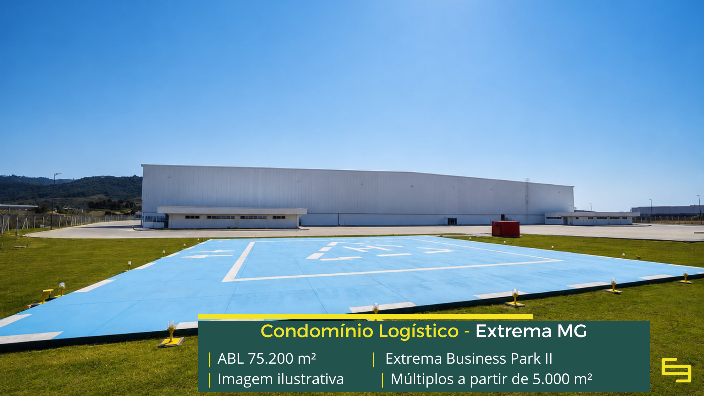 Galpão Extrema Business Park Bloco 2 em Extrema MG, padrão AAA, módulos a partir de 5.000 m², piso de 6 t/m² e certificação LEED Platinum.