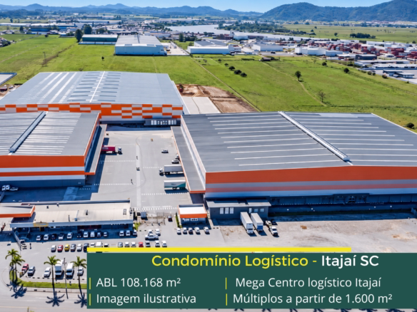 Mega Centro Logístico Itajaí: centro logístico em Itajaí SC com módulos a partir de 1.600 m², 4 docas por módulo e piso para 5 t/m².