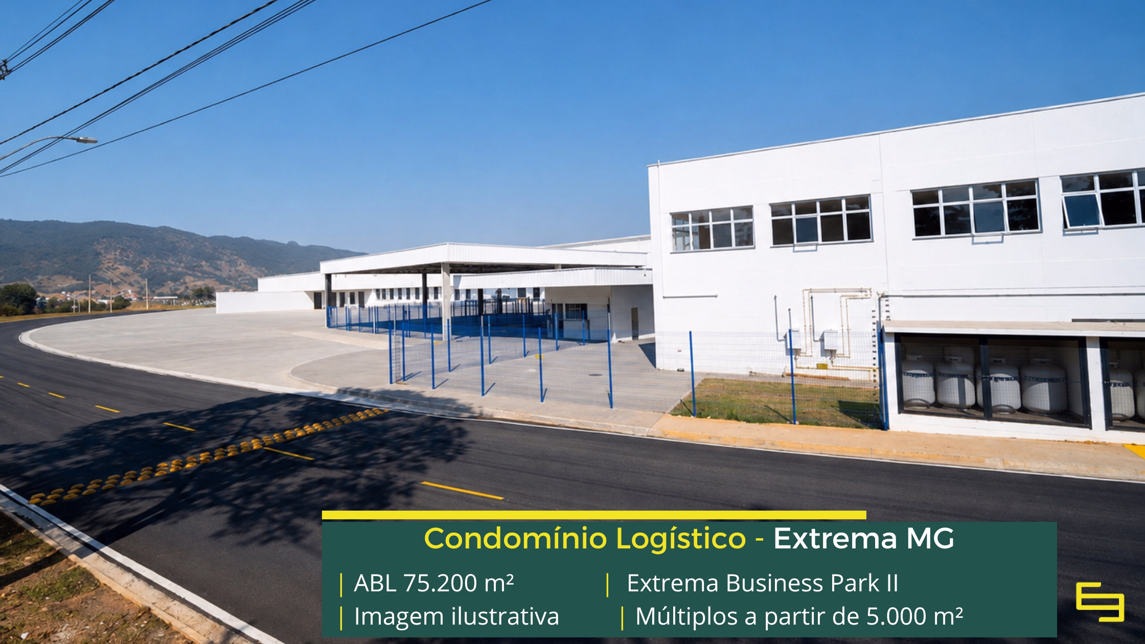 Galpão Extrema Business Park Bloco 2 em Extrema MG, padrão AAA, módulos a partir de 5.000 m², piso de 6 t/m² e certificação LEED Platinum.