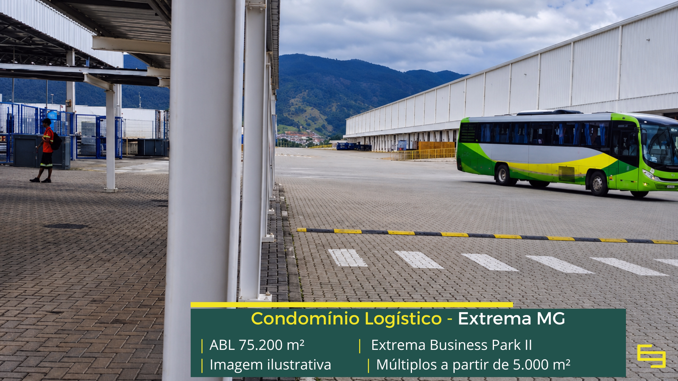 Galpão Extrema Business Park Bloco 2 em Extrema MG, padrão AAA, módulos a partir de 5.000 m², piso de 6 t/m² e certificação LEED Platinum.