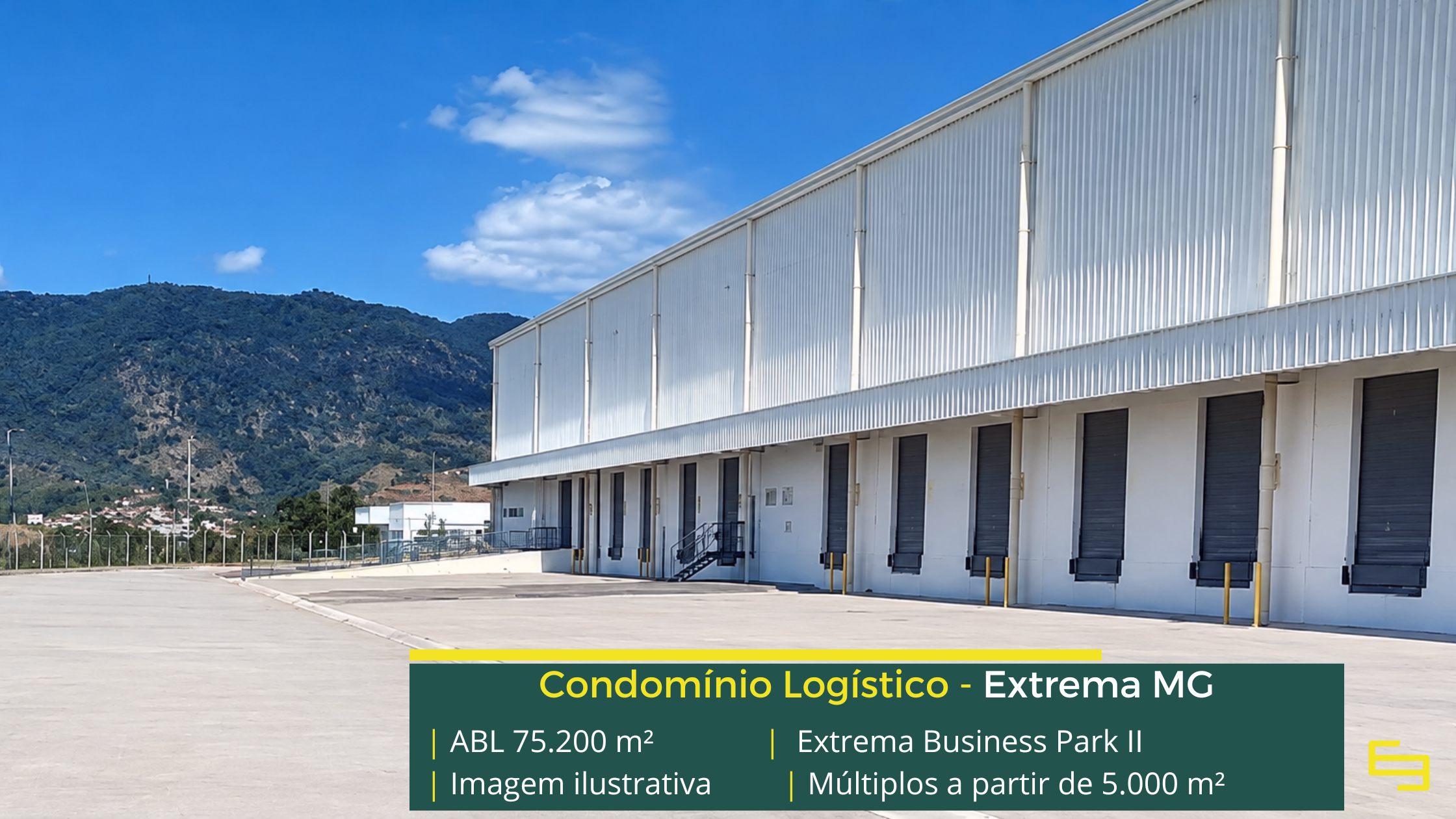 Galpão Extrema Business Park Bloco 2 em Extrema MG, padrão AAA, módulos a partir de 5.000 m², piso de 6 t/m² e certificação LEED Platinum.