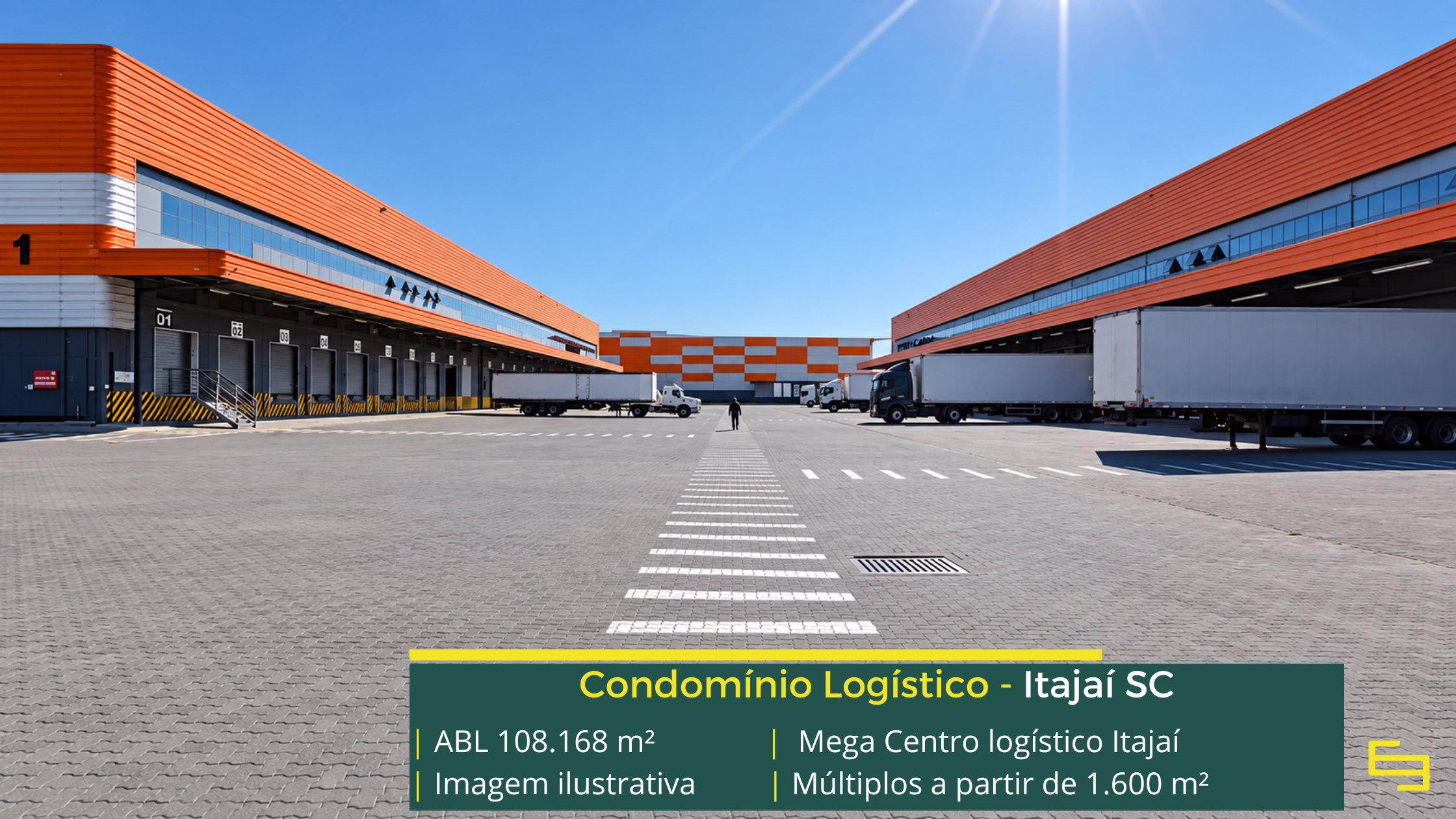 Mega Centro Logístico Itajaí: centro logístico em Itajaí SC com módulos a partir de 1.600 m², 4 docas por módulo e piso para 5 t/m².