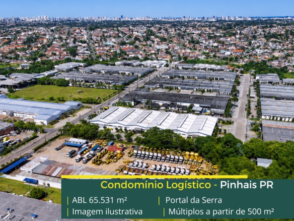 Portal da Serra Pinhais com 65.531 m² de ABL, galpões a partir de 500 m², pé-direito de 6,5 m, piso de 5 tf/m² e docas cobertas.