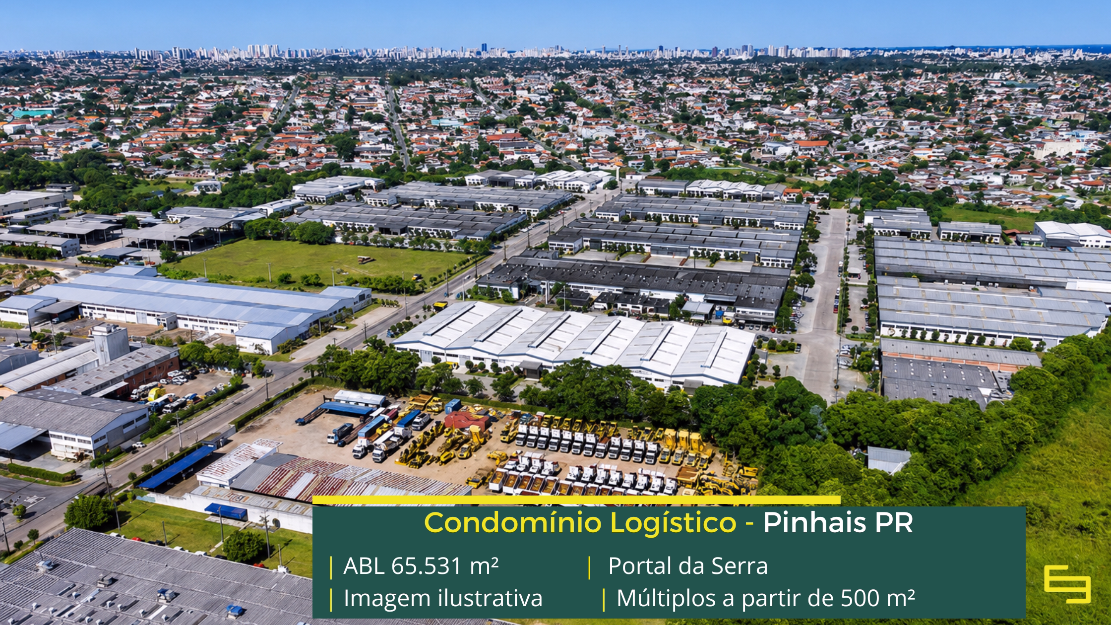 Portal da Serra Pinhais com 65.531 m² de ABL, galpões a partir de 500 m², pé-direito de 6,5 m, piso de 5 tf/m² e docas cobertas.