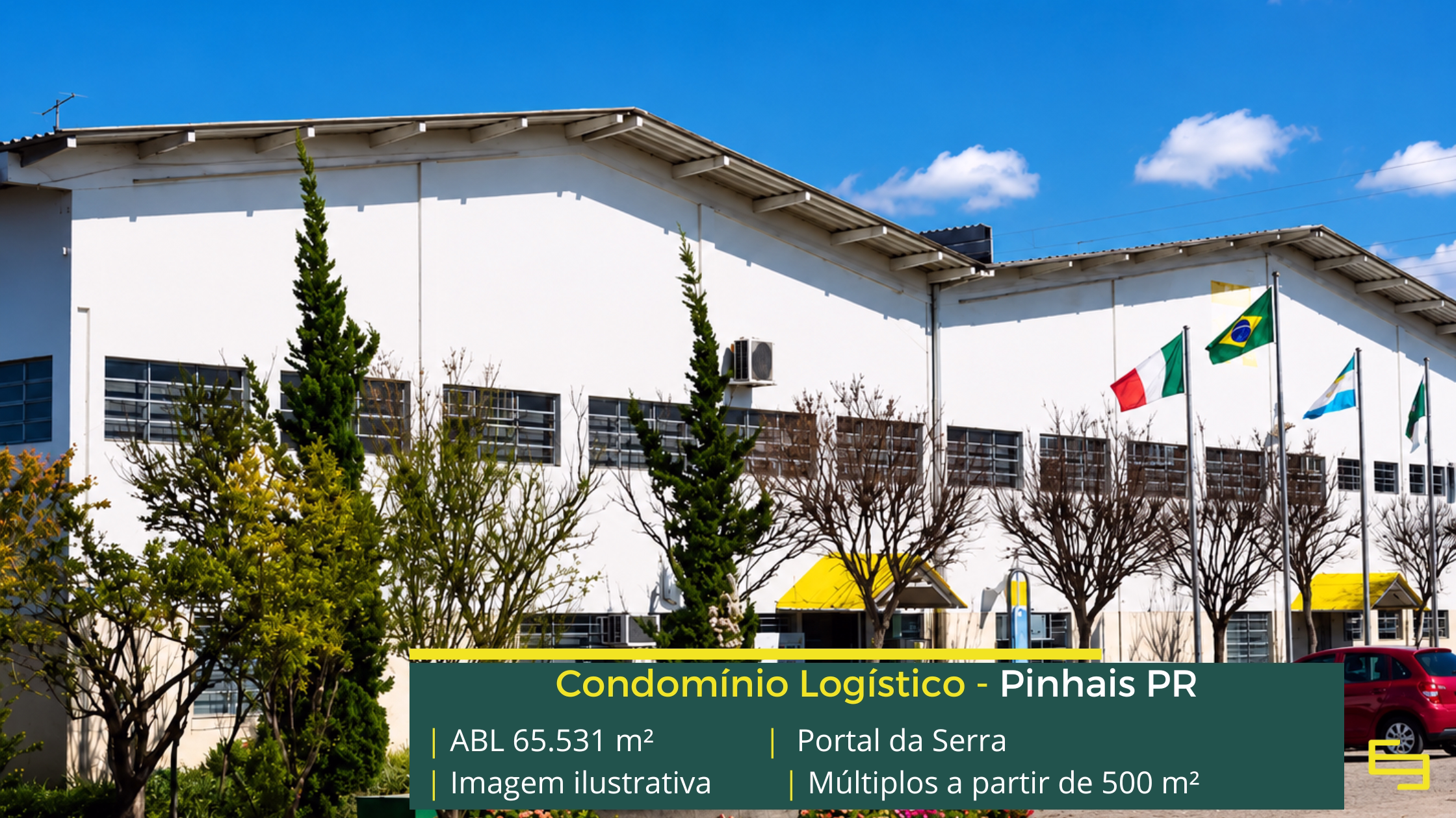 Portal da Serra Pinhais com 65.531 m² de ABL, galpões a partir de 500 m², pé-direito de 6,5 m, piso de 5 tf/m² e docas cobertas.