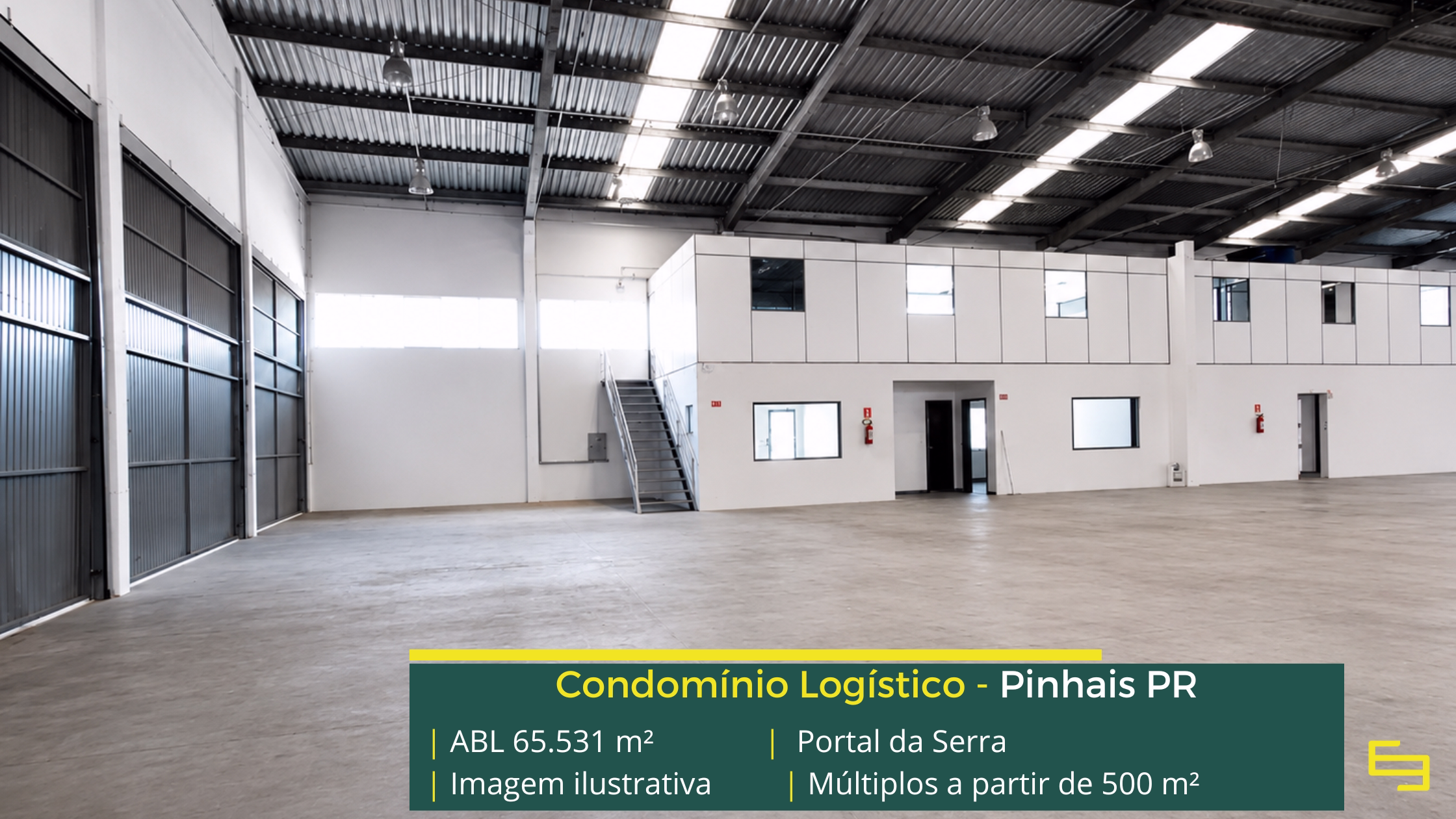 Portal da Serra Pinhais com 65.531 m² de ABL, galpões a partir de 500 m², pé-direito de 6,5 m, piso de 5 tf/m² e docas cobertas.