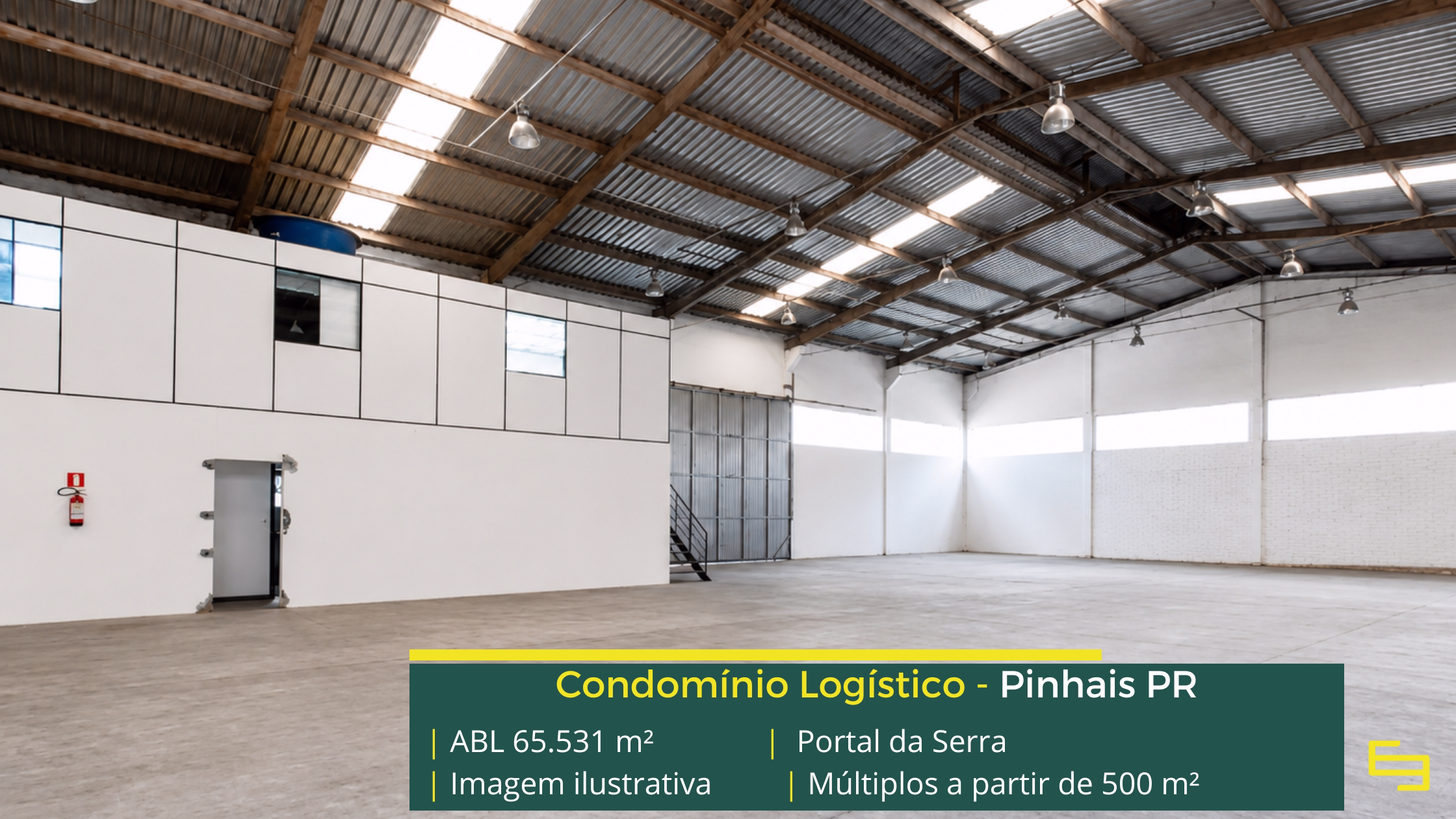 Portal da Serra Pinhais com 65.531 m² de ABL, galpões a partir de 500 m², pé-direito de 6,5 m, piso de 5 tf/m² e docas cobertas.