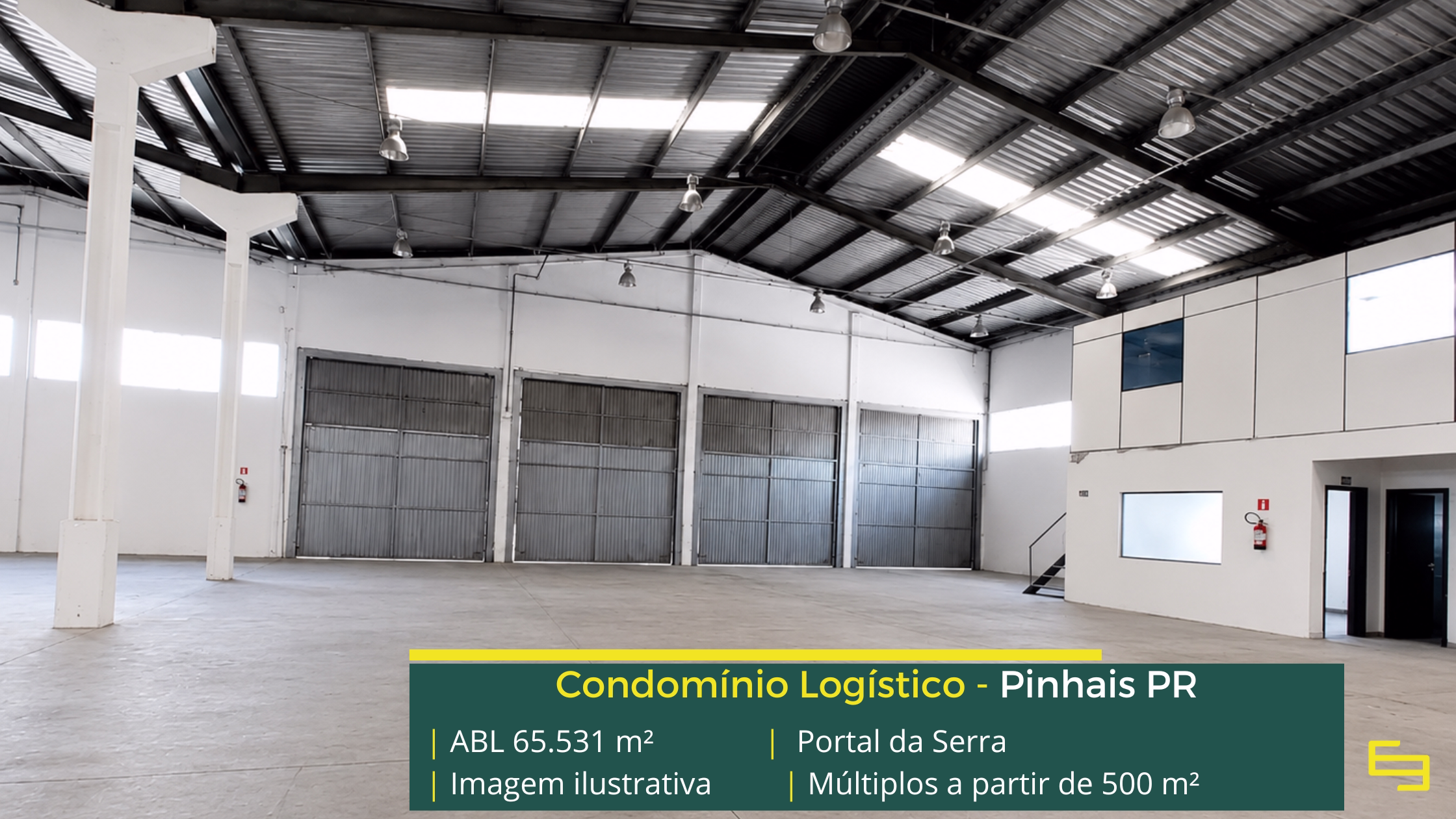 Portal da Serra Pinhais com 65.531 m² de ABL, galpões a partir de 500 m², pé-direito de 6,5 m, piso de 5 tf/m² e docas cobertas.