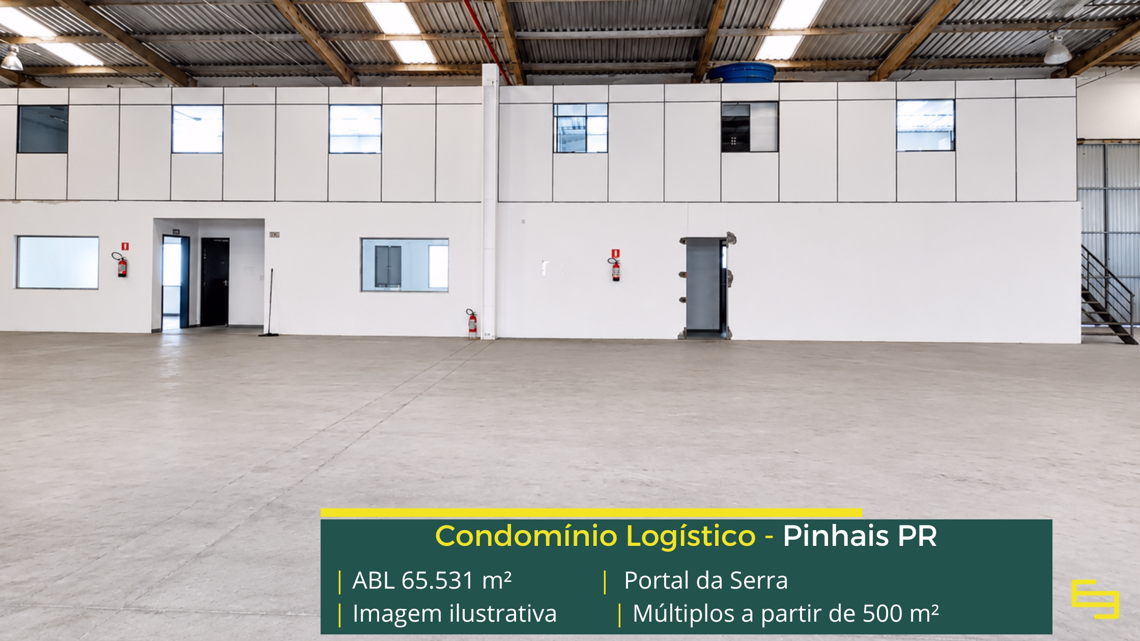 Portal da Serra Pinhais com 65.531 m² de ABL, galpões a partir de 500 m², pé-direito de 6,5 m, piso de 5 tf/m² e docas cobertas.