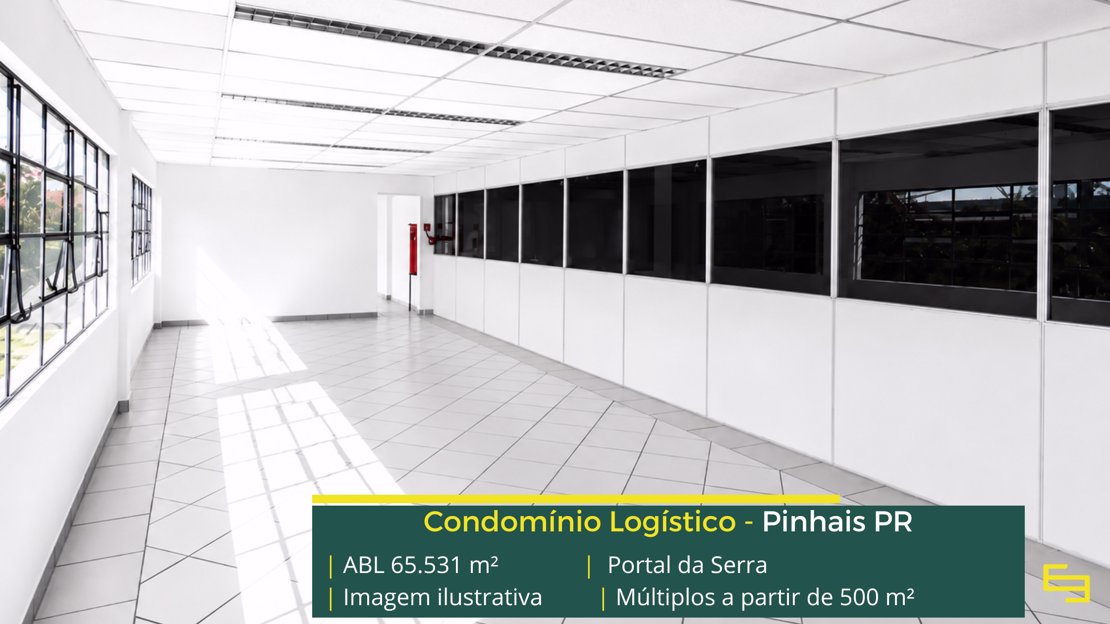 Portal da Serra Pinhais com 65.531 m² de ABL, galpões a partir de 500 m², pé-direito de 6,5 m, piso de 5 tf/m² e docas cobertas.