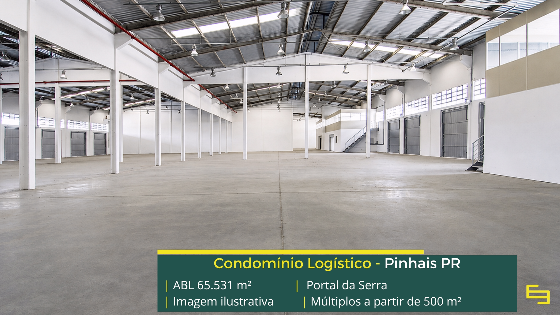 Portal da Serra Pinhais com 65.531 m² de ABL, galpões a partir de 500 m², pé-direito de 6,5 m, piso de 5 tf/m² e docas cobertas.