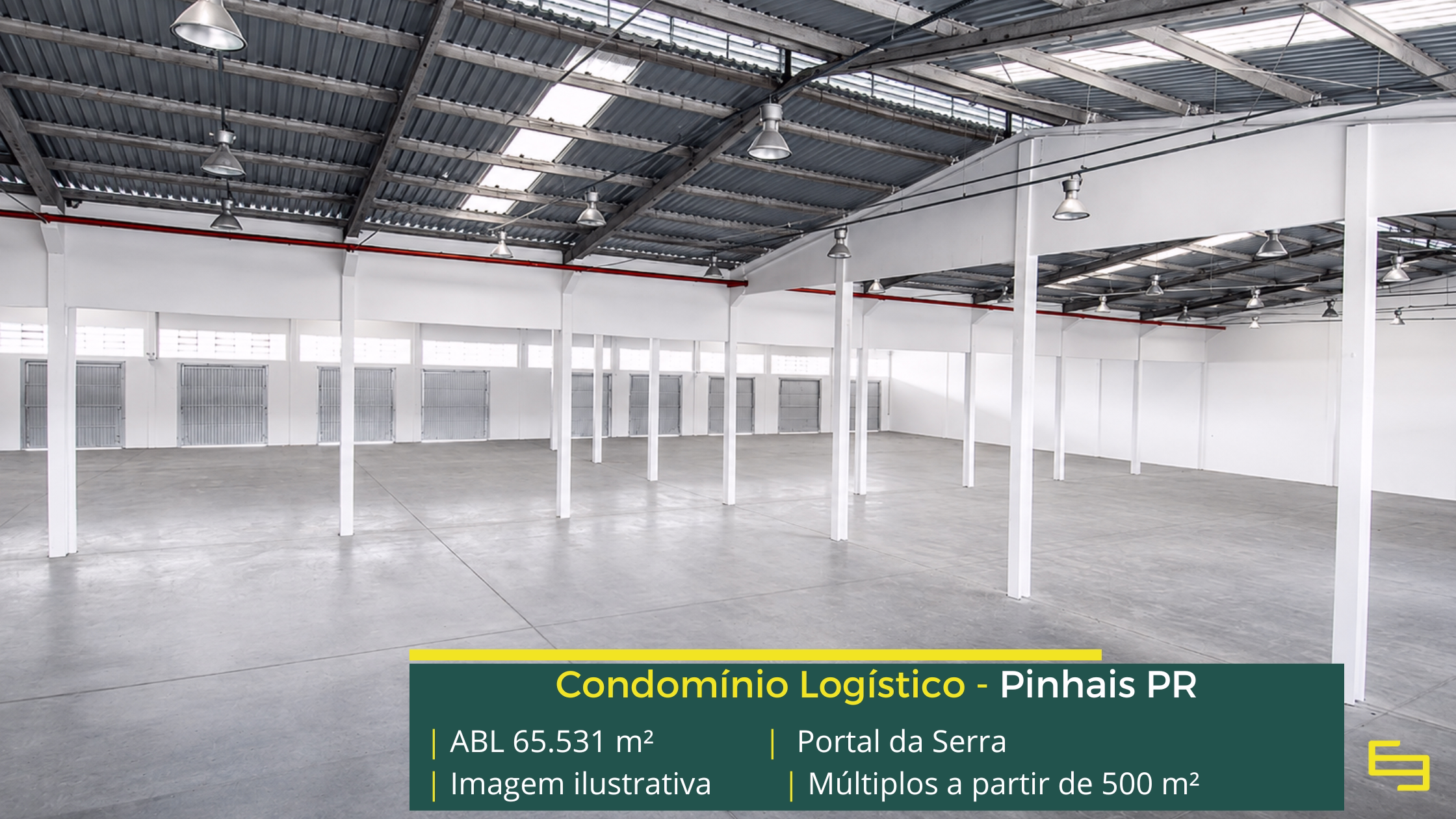 Portal da Serra Pinhais com 65.531 m² de ABL, galpões a partir de 500 m², pé-direito de 6,5 m, piso de 5 tf/m² e docas cobertas.