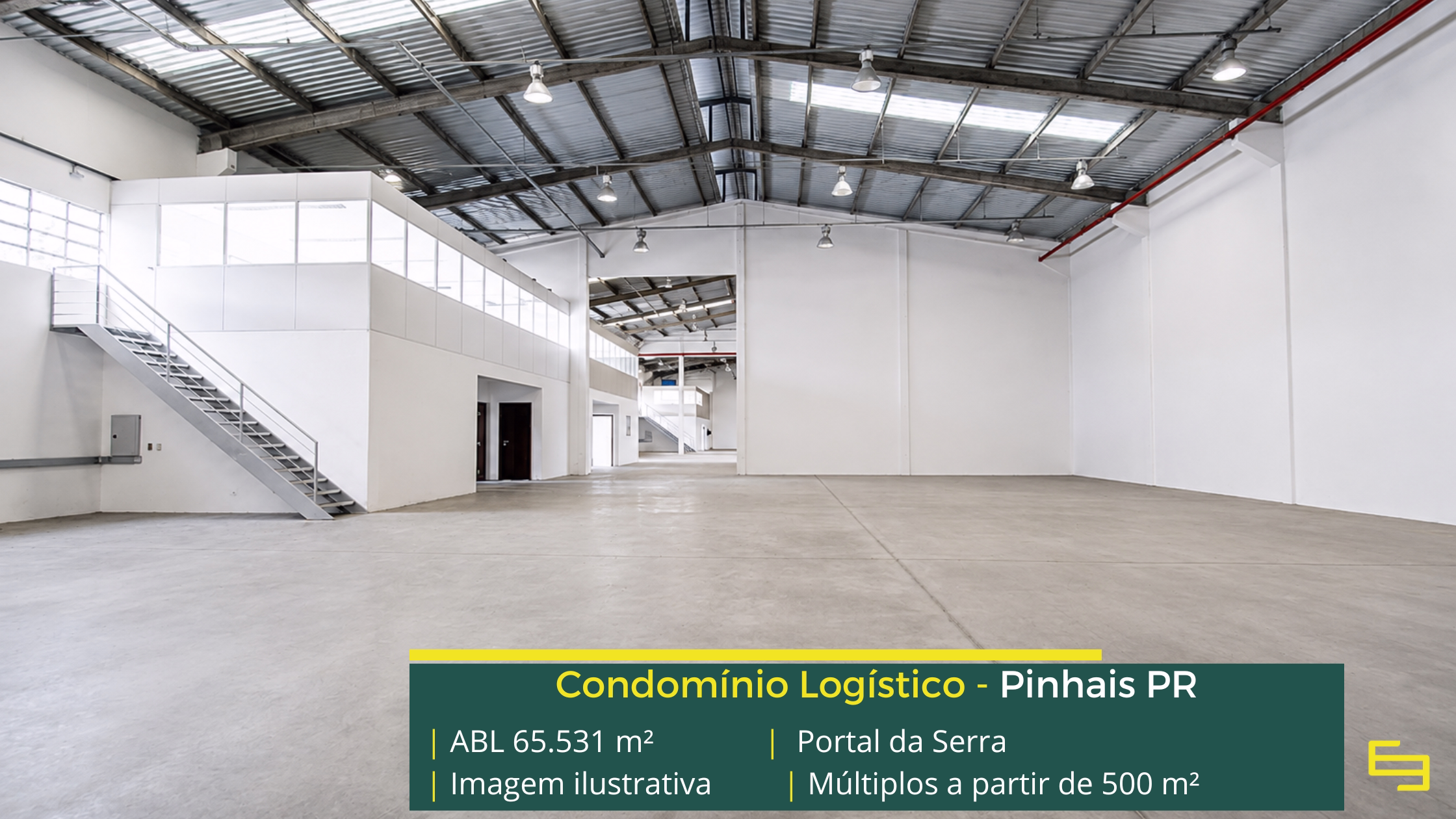Portal da Serra Pinhais com 65.531 m² de ABL, galpões a partir de 500 m², pé-direito de 6,5 m, piso de 5 tf/m² e docas cobertas.