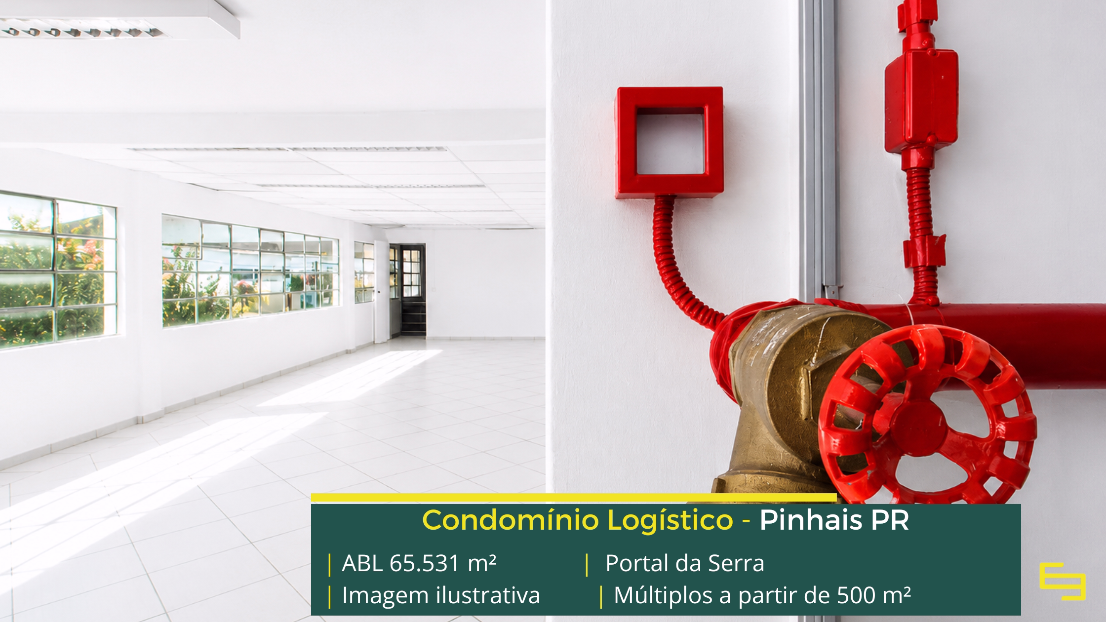Portal da Serra Pinhais com 65.531 m² de ABL, galpões a partir de 500 m², pé-direito de 6,5 m, piso de 5 tf/m² e docas cobertas.