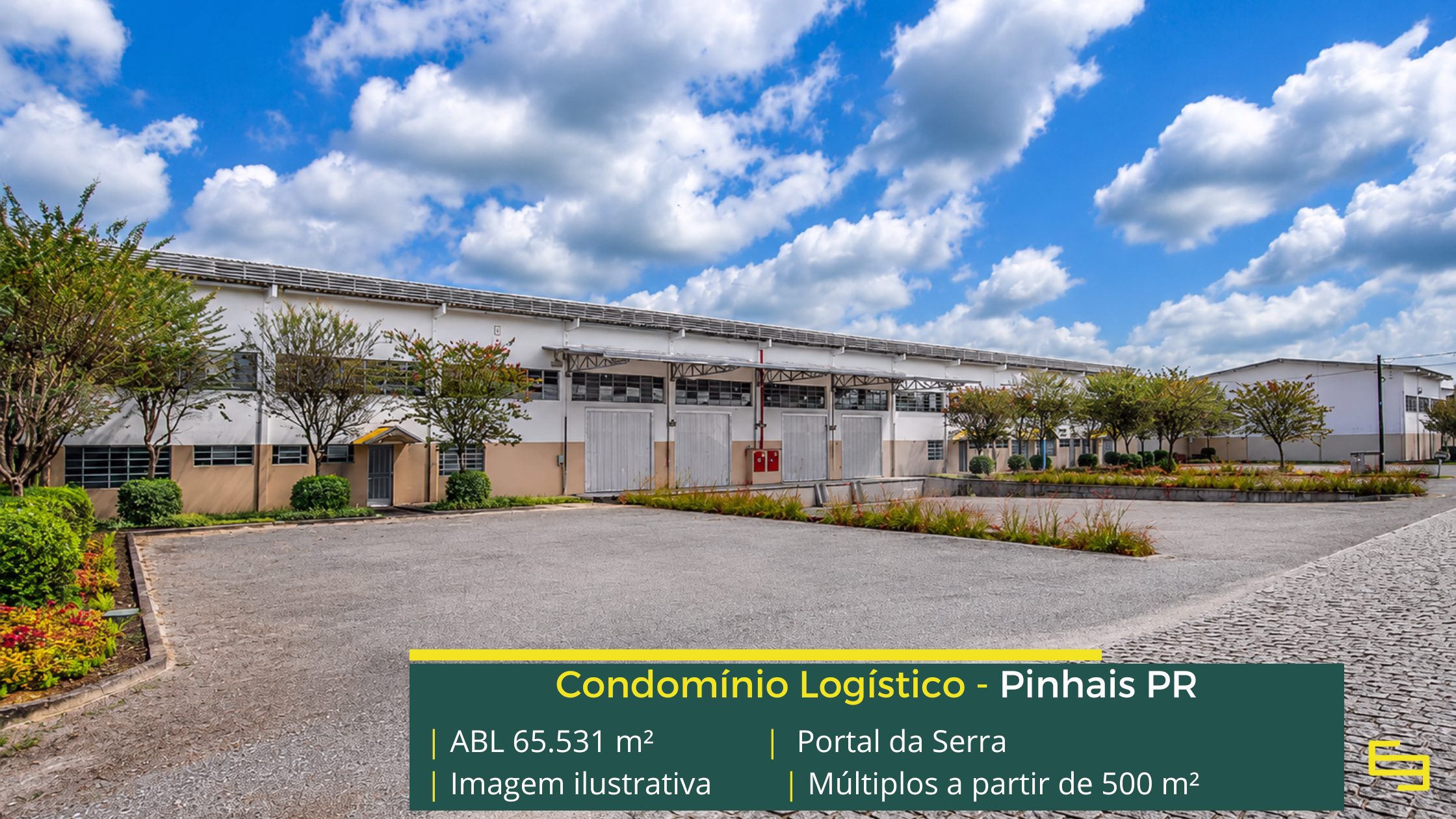 Portal da Serra Pinhais com 65.531 m² de ABL, galpões a partir de 500 m², pé-direito de 6,5 m, piso de 5 tf/m² e docas cobertas.