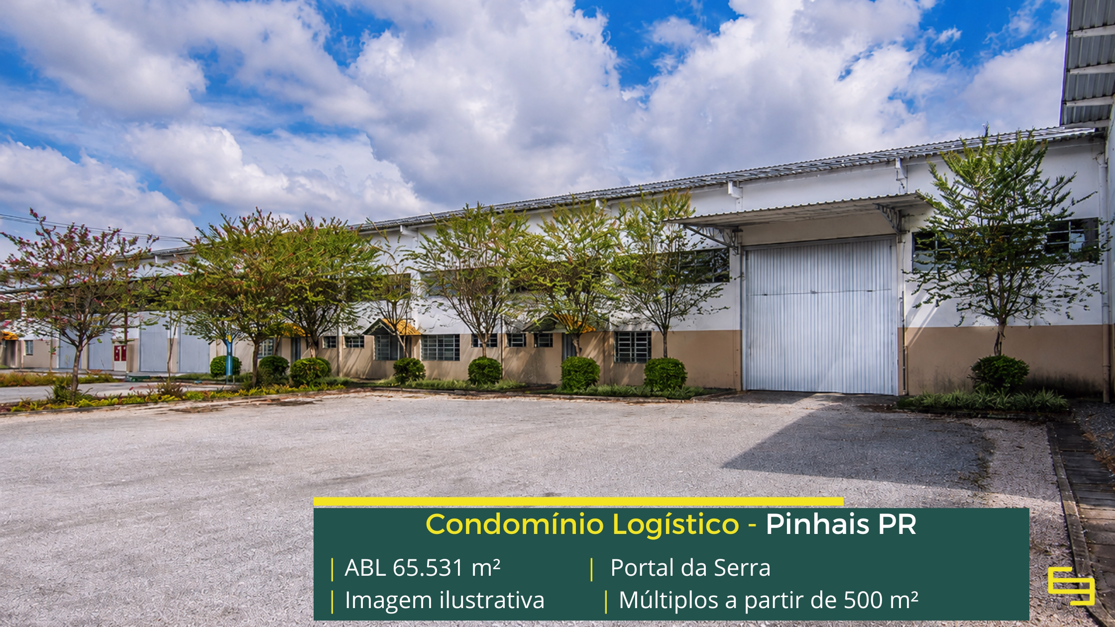 Portal da Serra Pinhais com 65.531 m² de ABL, galpões a partir de 500 m², pé-direito de 6,5 m, piso de 5 tf/m² e docas cobertas.