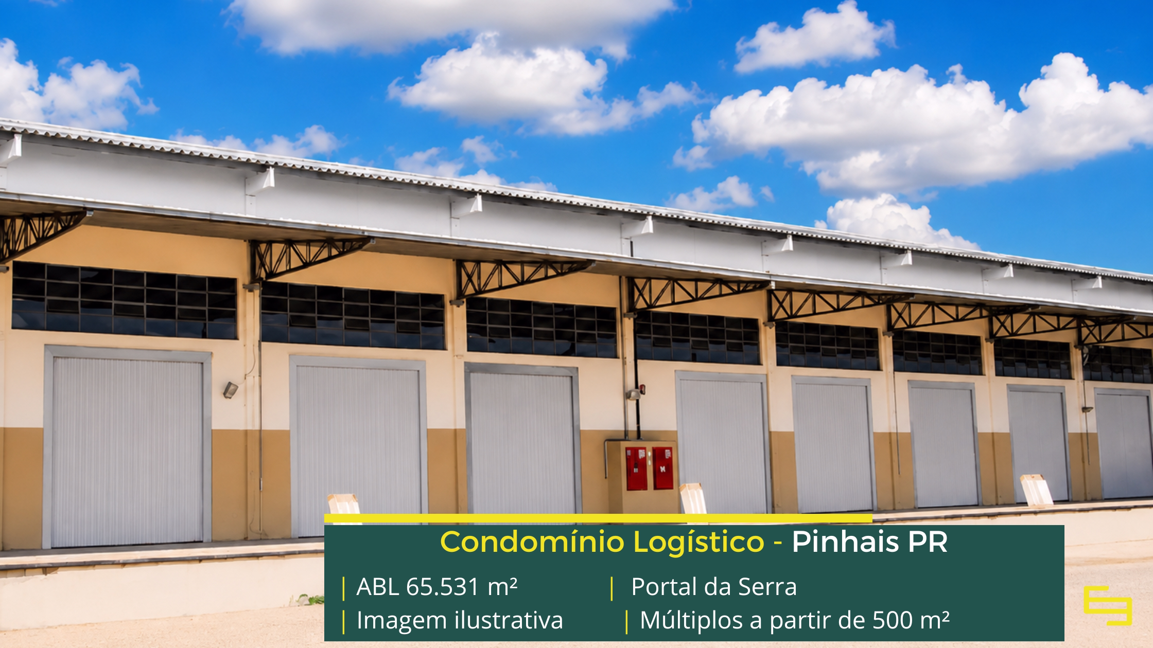Portal da Serra Pinhais com 65.531 m² de ABL, galpões a partir de 500 m², pé-direito de 6,5 m, piso de 5 tf/m² e docas cobertas.
