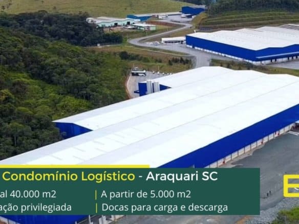 Aluguel de galpão em Araquari SC. Condomínio industrial logístico que conta com portaria e segurança. Galpões com docas e amplo pátio