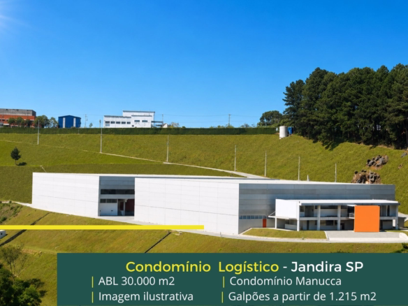 Galpões em Jandira - Condomínio Manucca. Condomínios logísticos para alugar. Módulos a partir de 1.215 m² com docas e amplo pátio manobras.