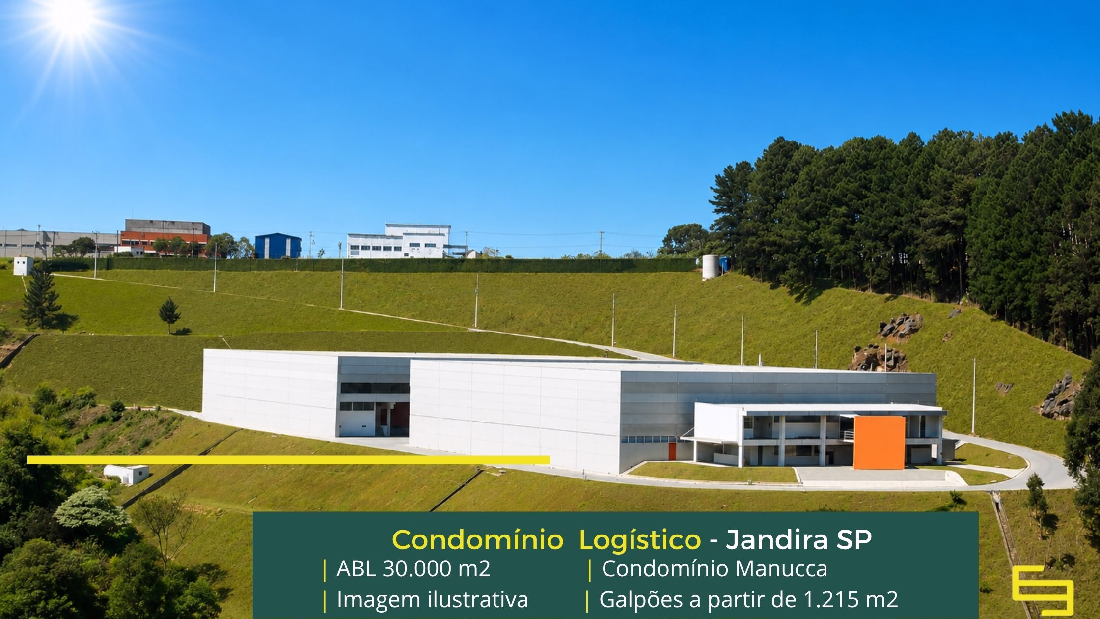 Galpões em Jandira - Condomínio Manucca. Condomínios logísticos para alugar. Módulos a partir de 1.215 m² com docas e amplo pátio manobras.