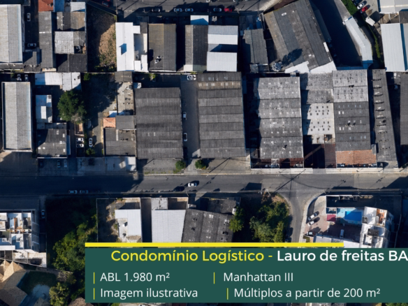 Galpão Manhattan III em Lauro de Freitas BA, com módulos a partir de 200 m², piso de 3 t/m², acesso para caminhões e estrutura empresarial.