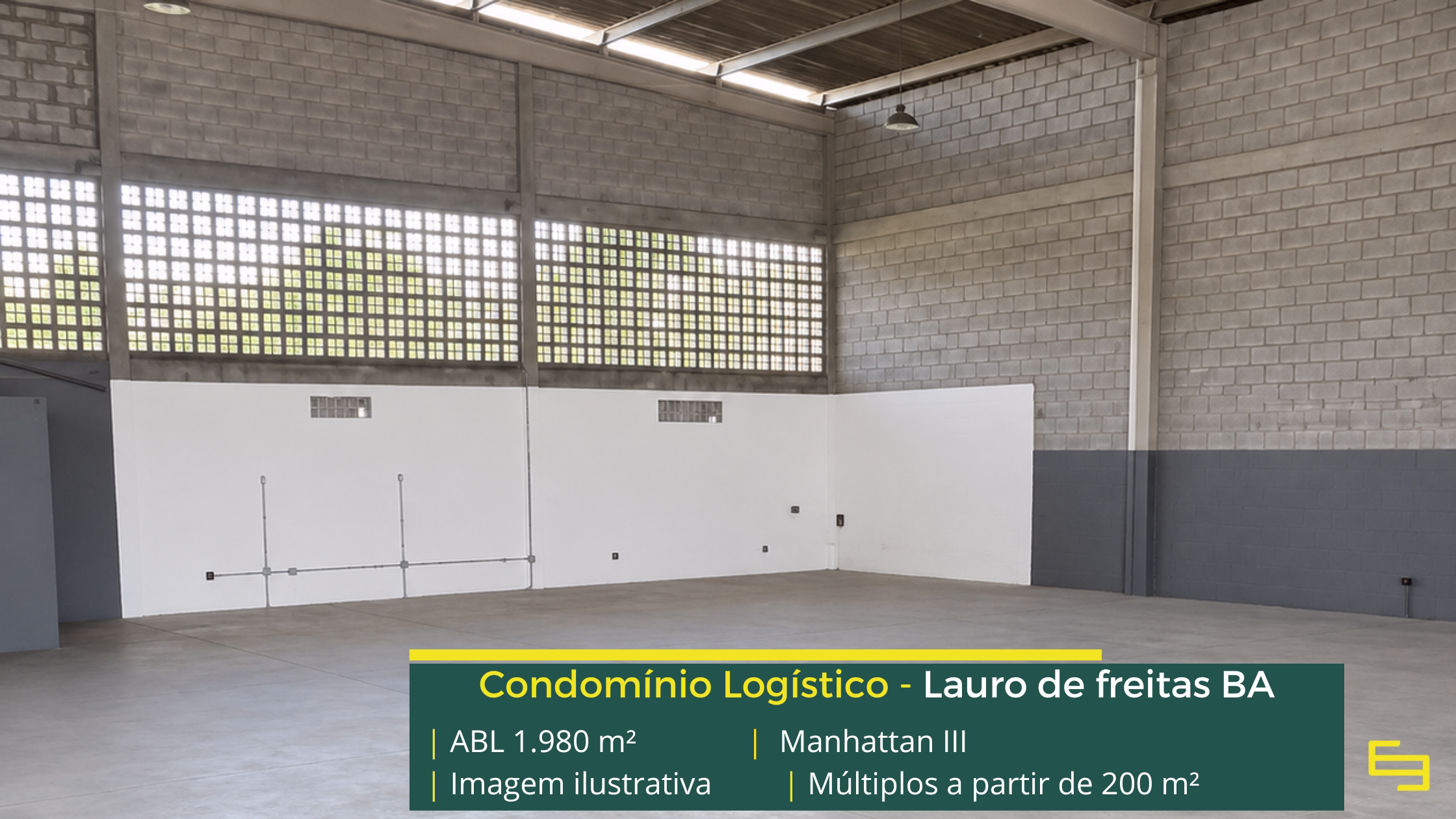 Galpão Manhattan III em Lauro de Freitas BA, com módulos a partir de 200 m², piso de 3 t/m², acesso para caminhões e estrutura empresarial.