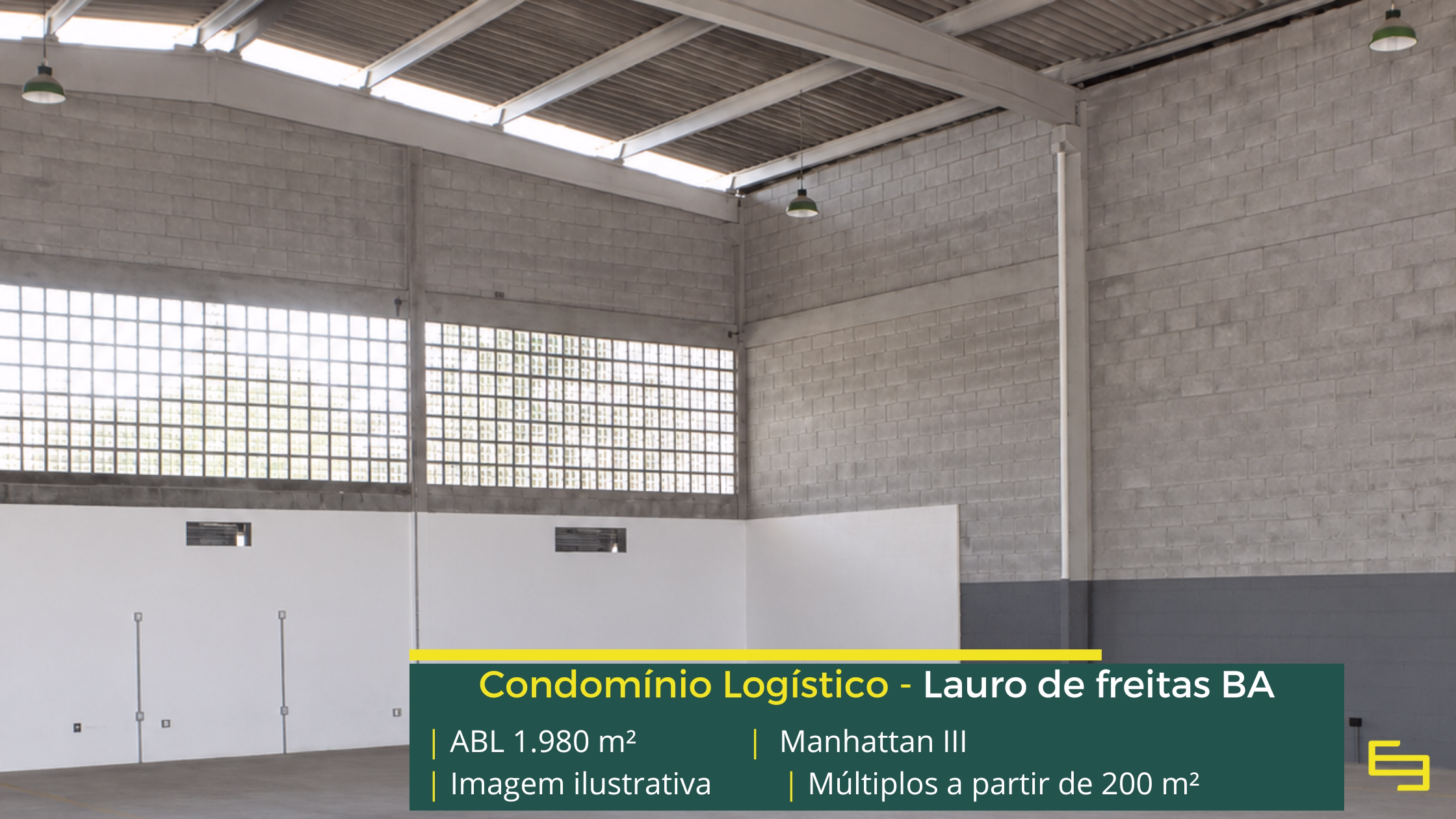 Galpão Manhattan III em Lauro de Freitas BA, com módulos a partir de 200 m², piso de 3 t/m², acesso para caminhões e estrutura empresarial.