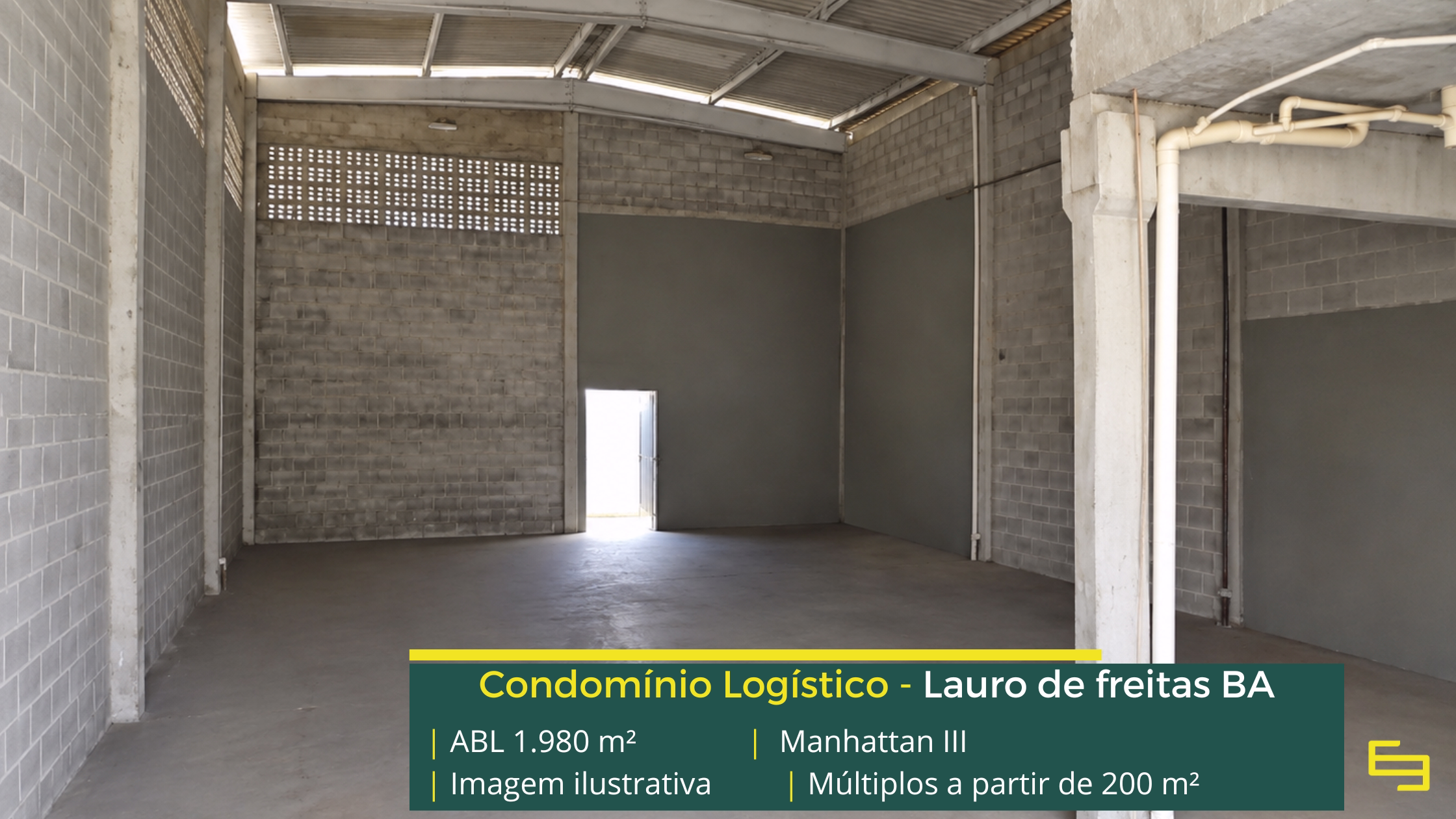 Galpão Manhattan III em Lauro de Freitas BA, com módulos a partir de 200 m², piso de 3 t/m², acesso para caminhões e estrutura empresarial.