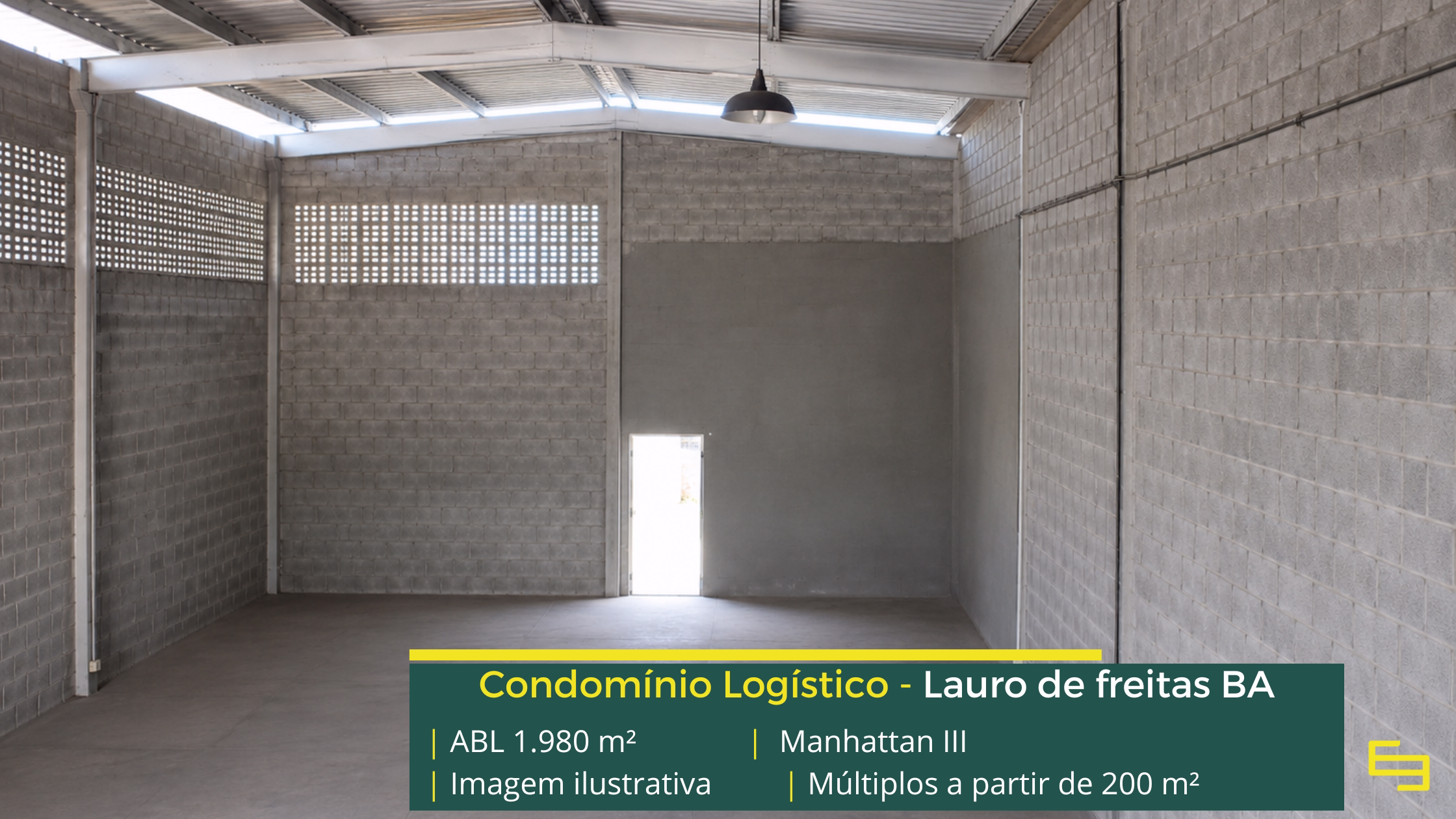 Galpão Manhattan III em Lauro de Freitas BA, com módulos a partir de 200 m², piso de 3 t/m², acesso para caminhões e estrutura empresarial.