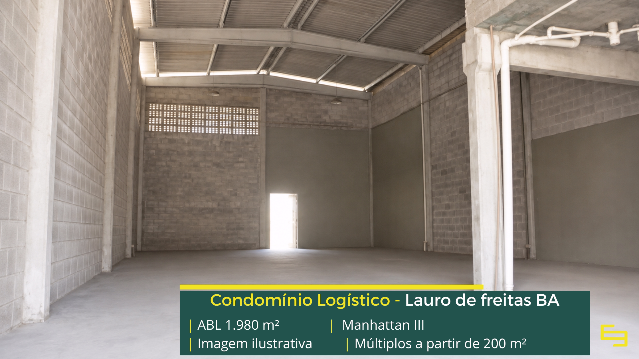 Galpão Manhattan III em Lauro de Freitas BA, com módulos a partir de 200 m², piso de 3 t/m², acesso para caminhões e estrutura empresarial.