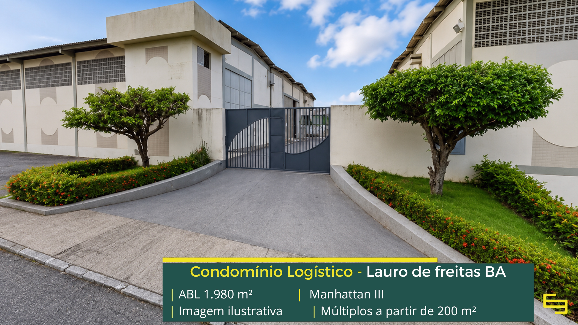 Galpão Manhattan III em Lauro de Freitas BA, com módulos a partir de 200 m², piso de 3 t/m², acesso para caminhões e estrutura empresarial.