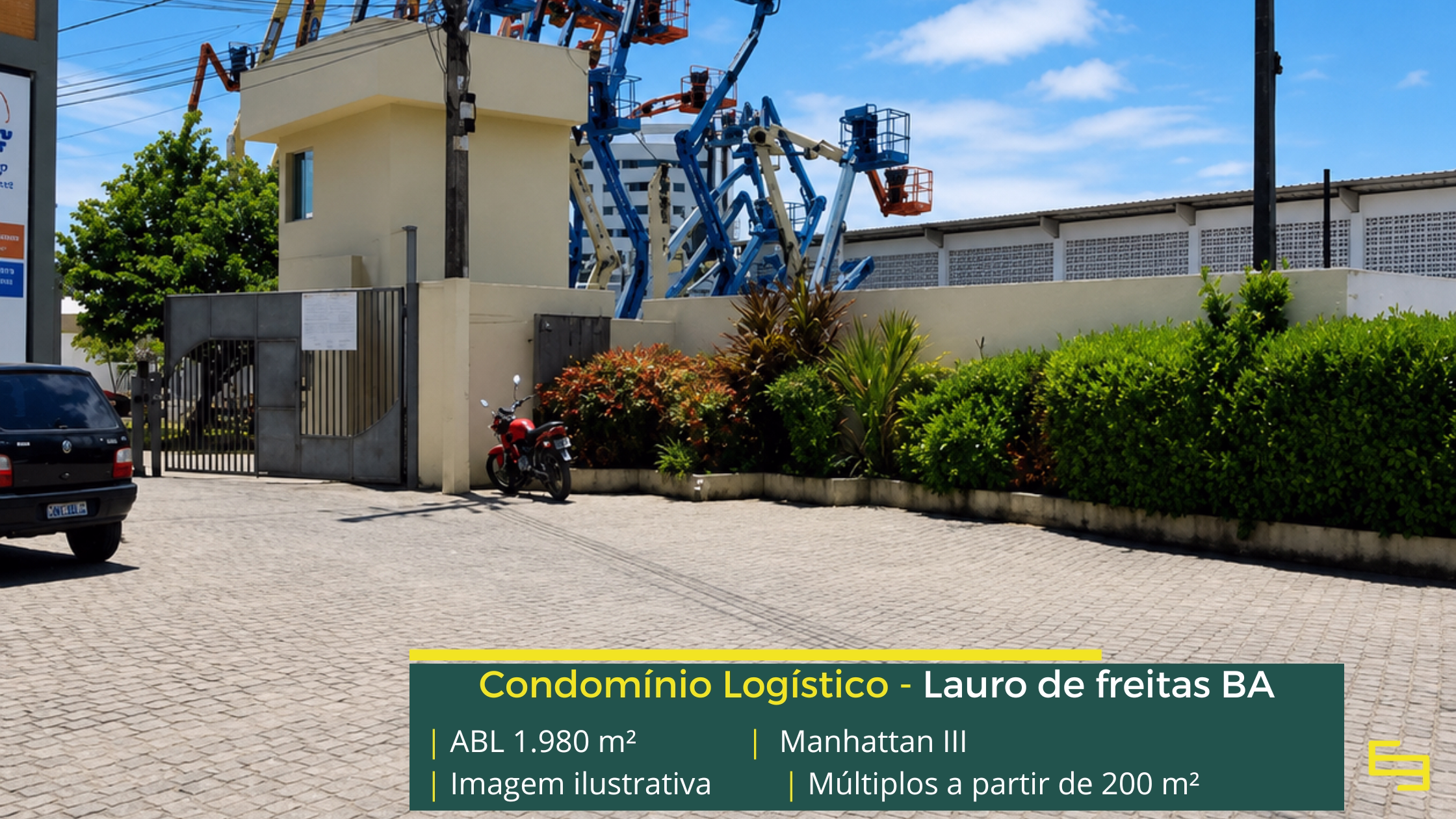 Galpão Manhattan III em Lauro de Freitas BA, com módulos a partir de 200 m², piso de 3 t/m², acesso para caminhões e estrutura empresarial.