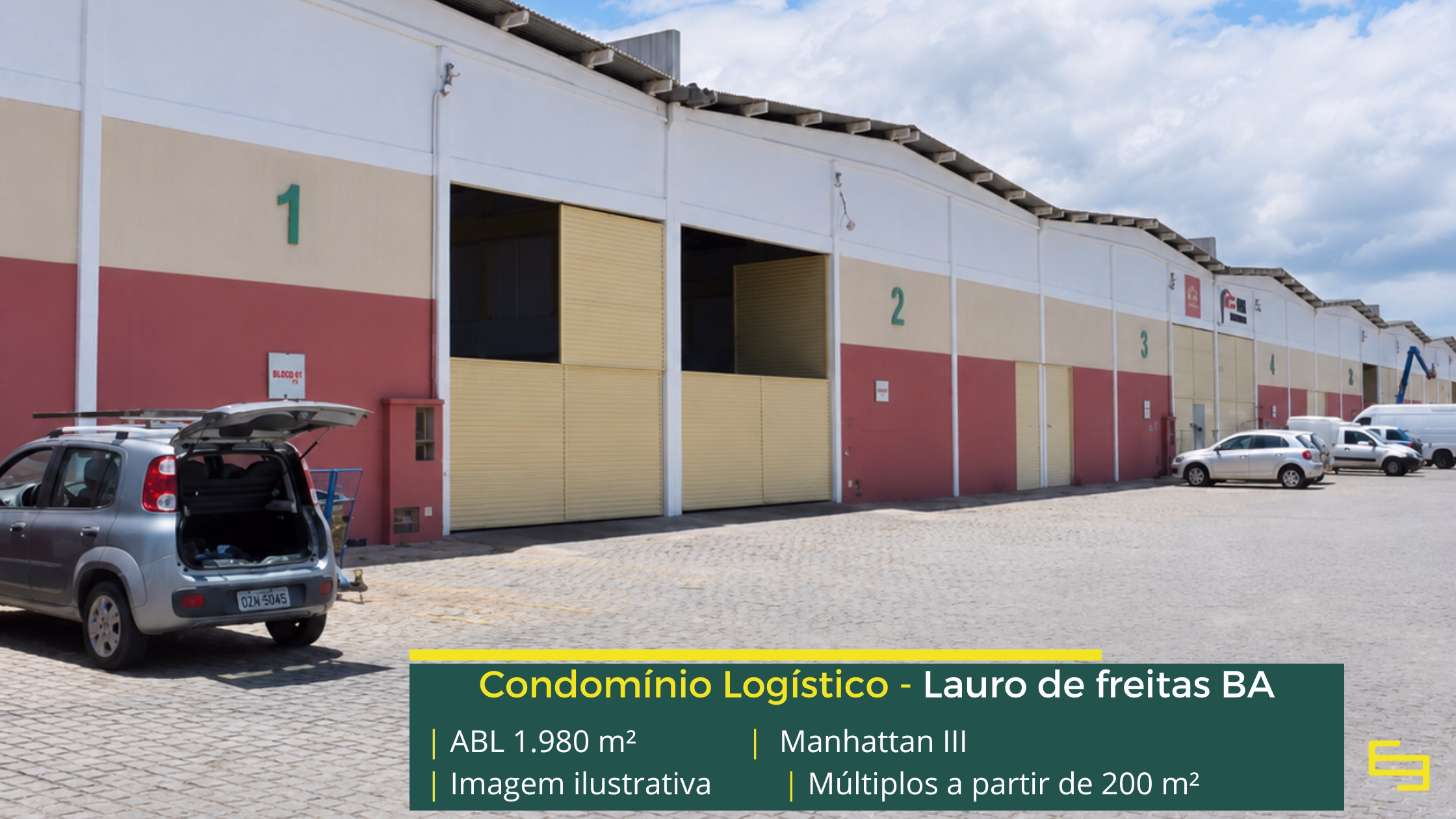 Galpão Manhattan III em Lauro de Freitas BA, com módulos a partir de 200 m², piso de 3 t/m², acesso para caminhões e estrutura empresarial.