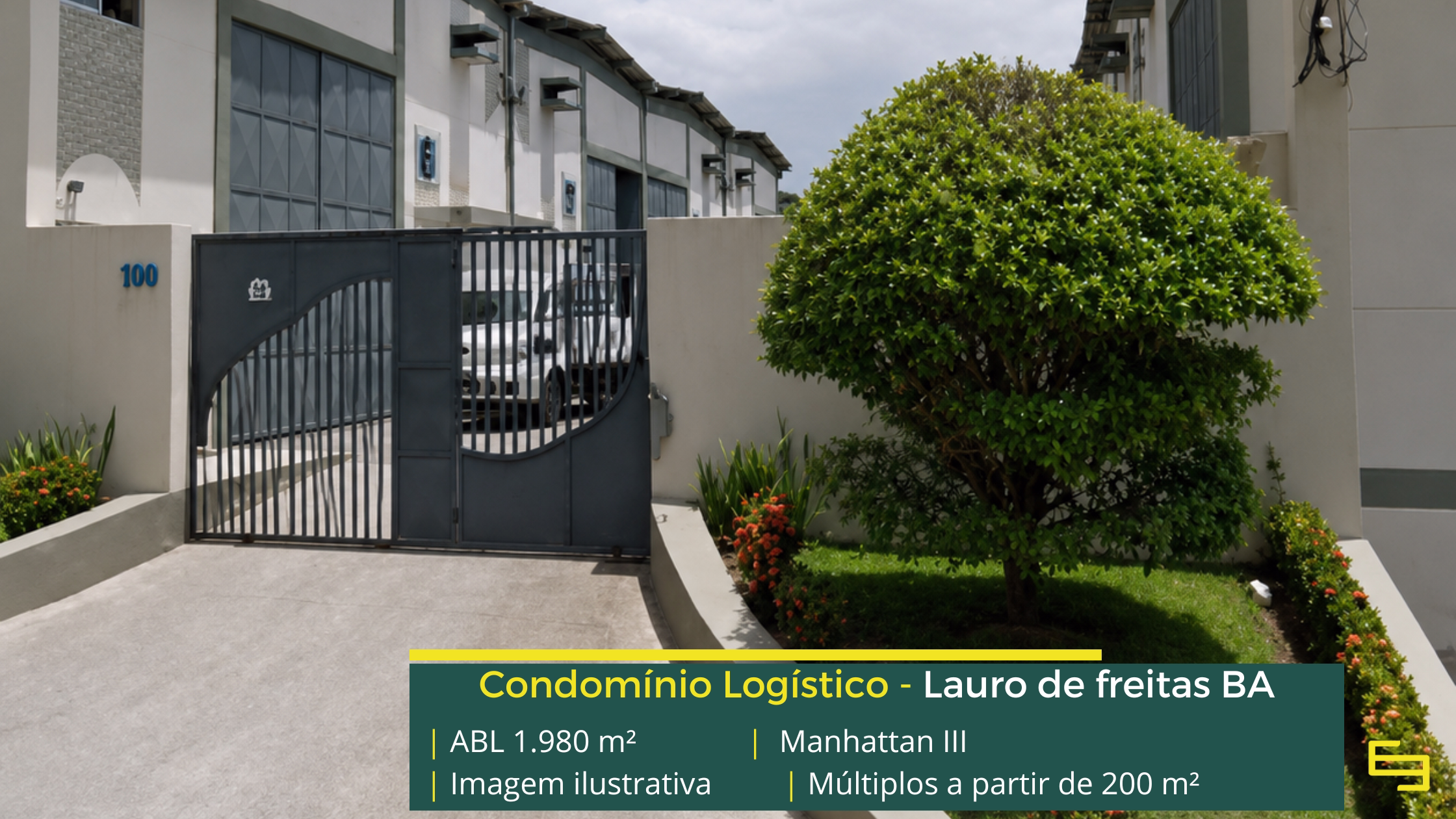 Galpão Manhattan III em Lauro de Freitas BA, com módulos a partir de 200 m², piso de 3 t/m², acesso para caminhões e estrutura empresarial.